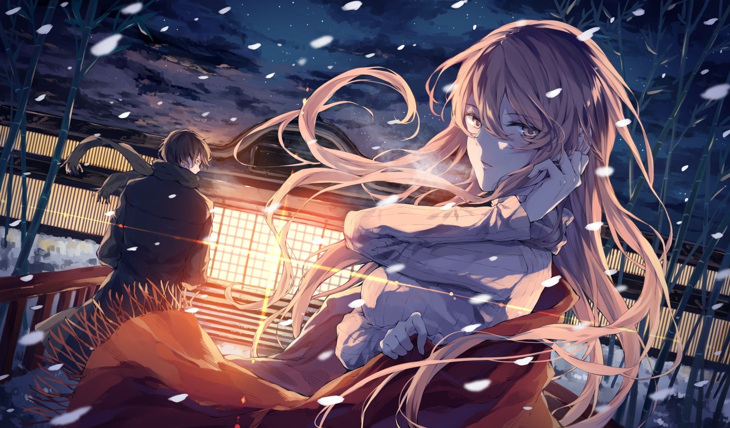 Anime girl and boy in snow HD Wallpaper