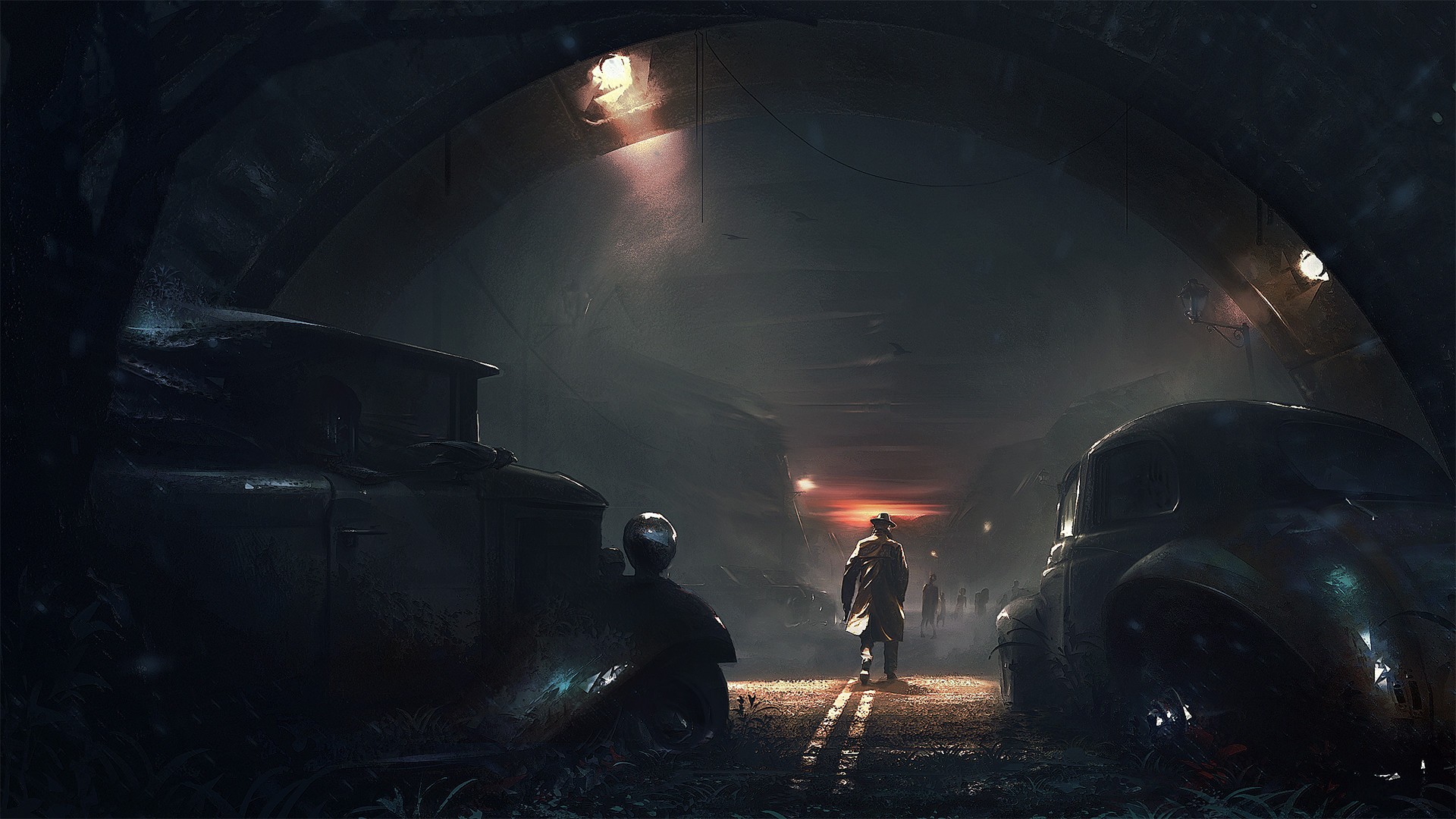 Apocalyptic scene with classic cars and figures HD Wallpaper