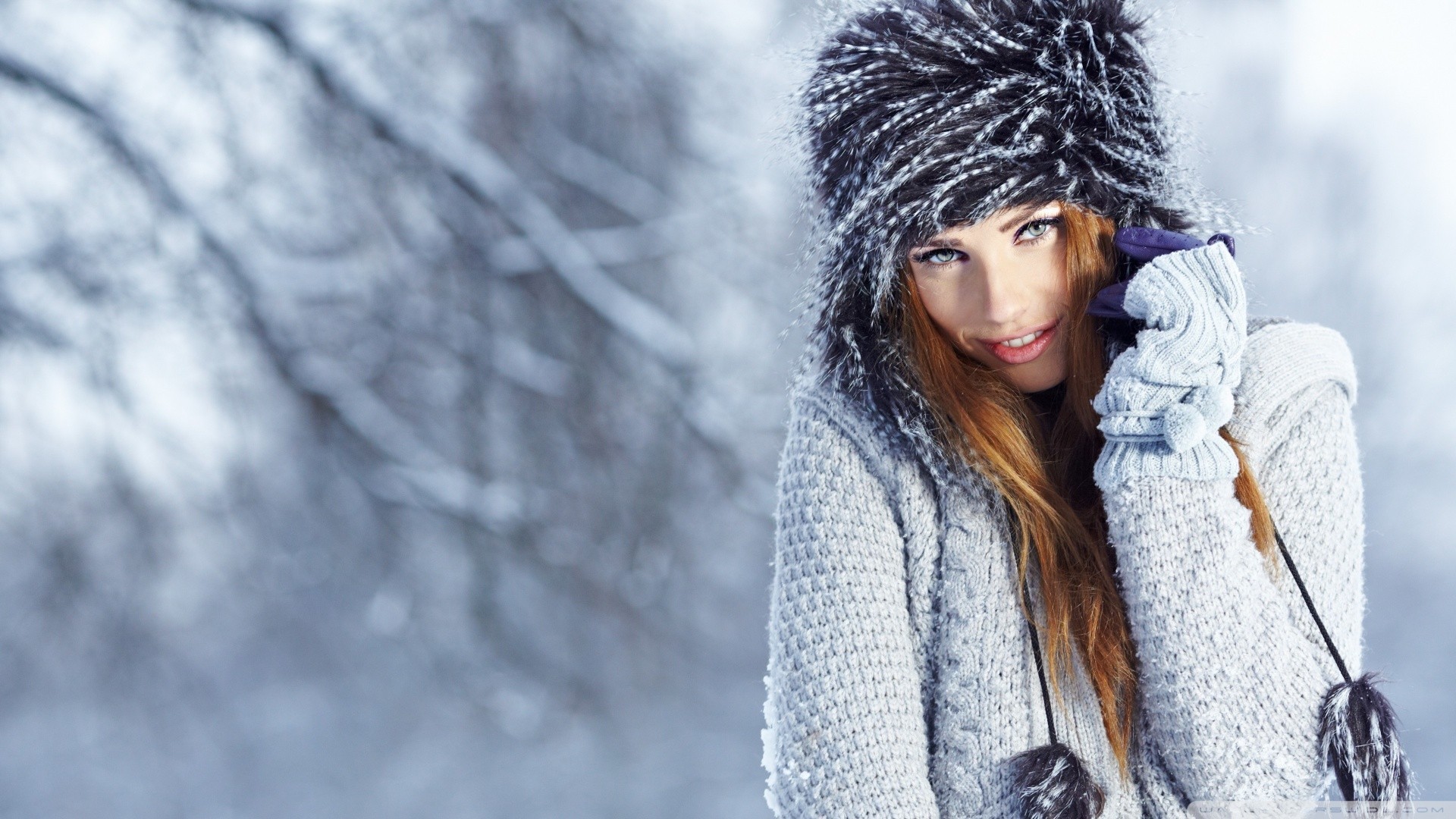 Woman in winter hat and sweater in snow HD Wallpaper