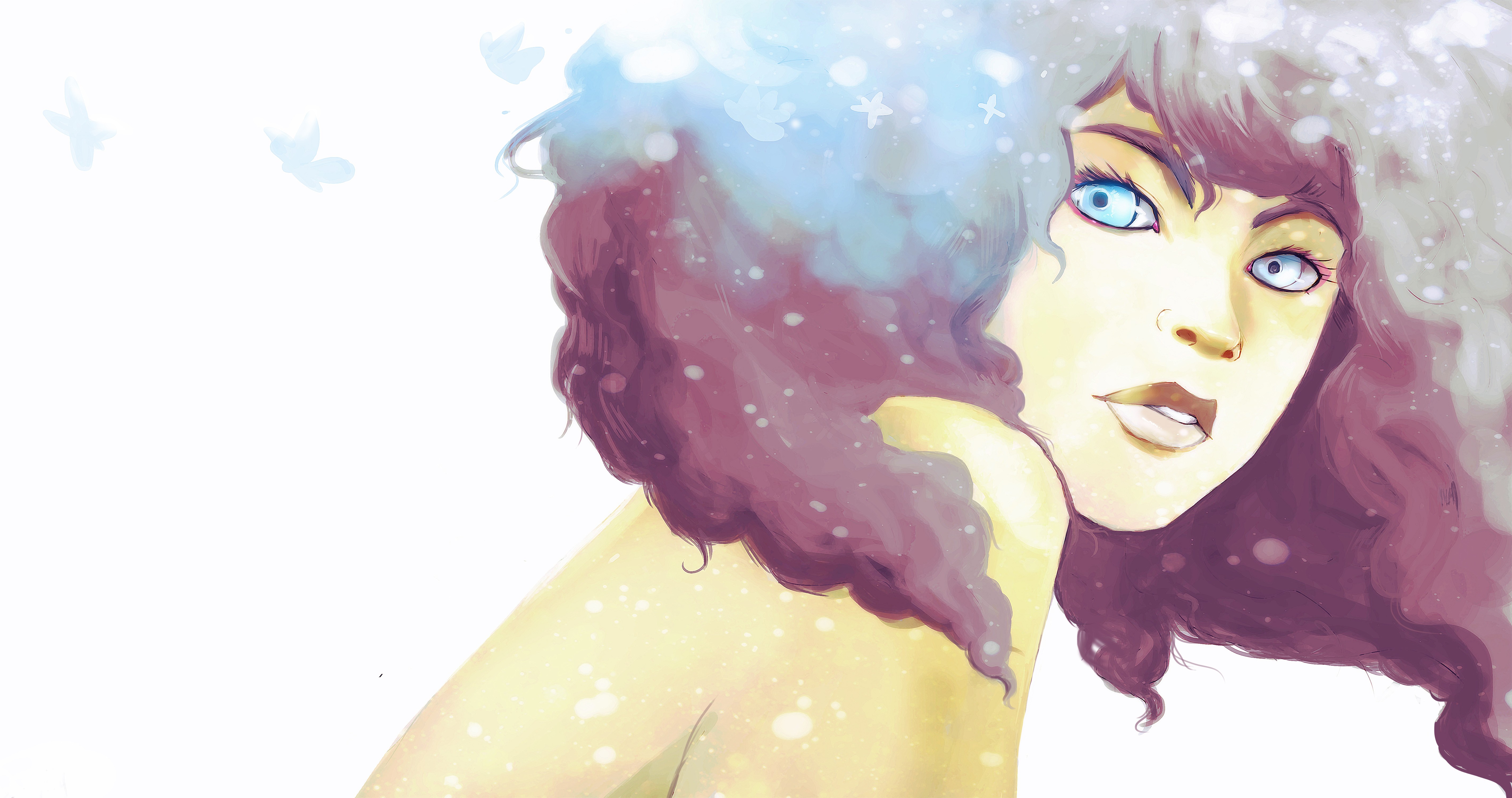 Artwork of a woman with curly hair and blue eyes HD Wallpaper