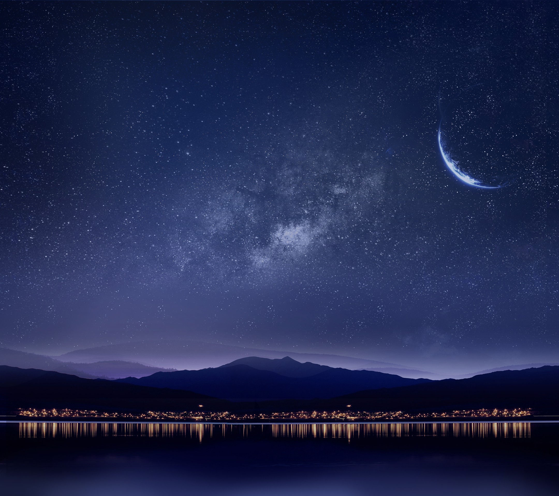 Night sky with crescent moon and Milky Way over mountains and lake HD Wallpaper