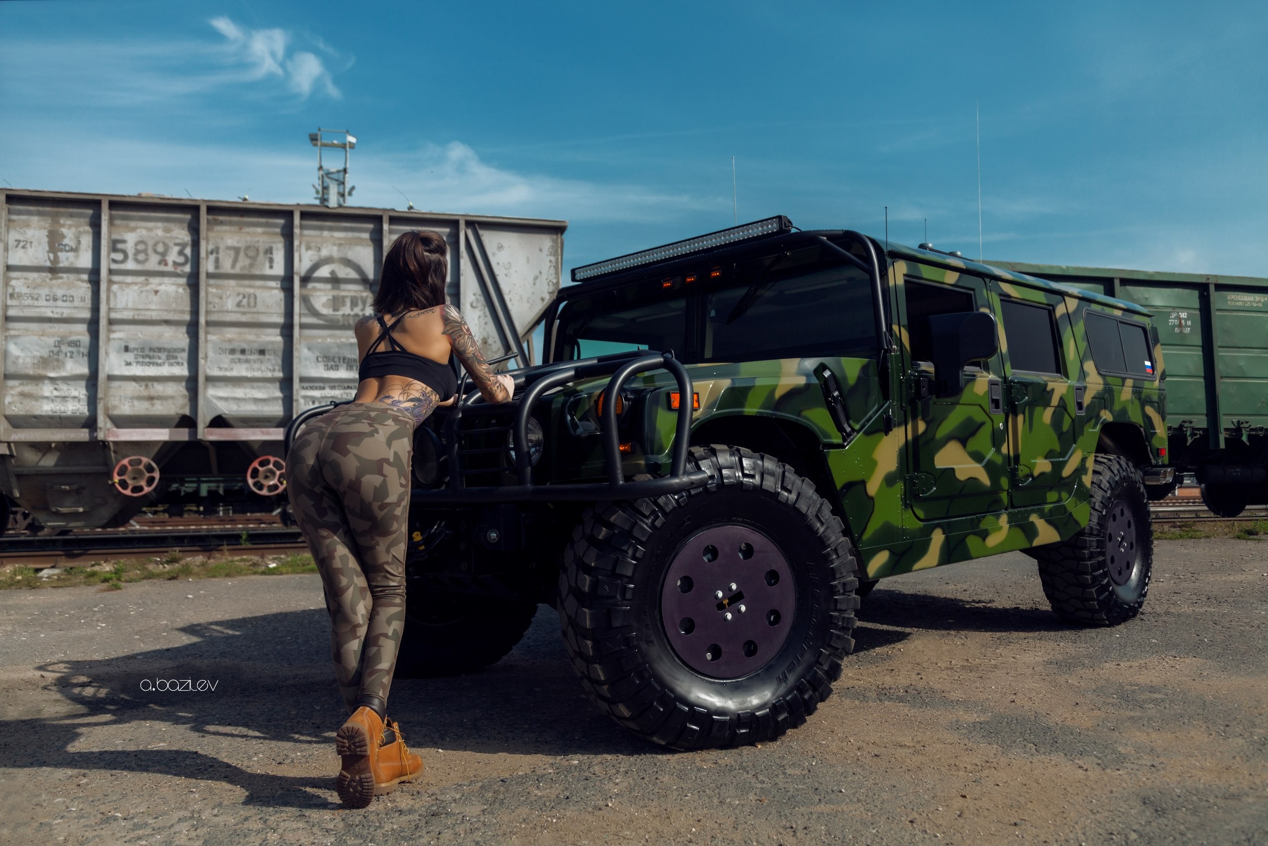 leather leggings, camouflage, tattoo, women with cars, Alex Bazilev, women, model, shoes, women outdoors, black tops, pants, Katerina Kas, ass, back HD Wallpaper