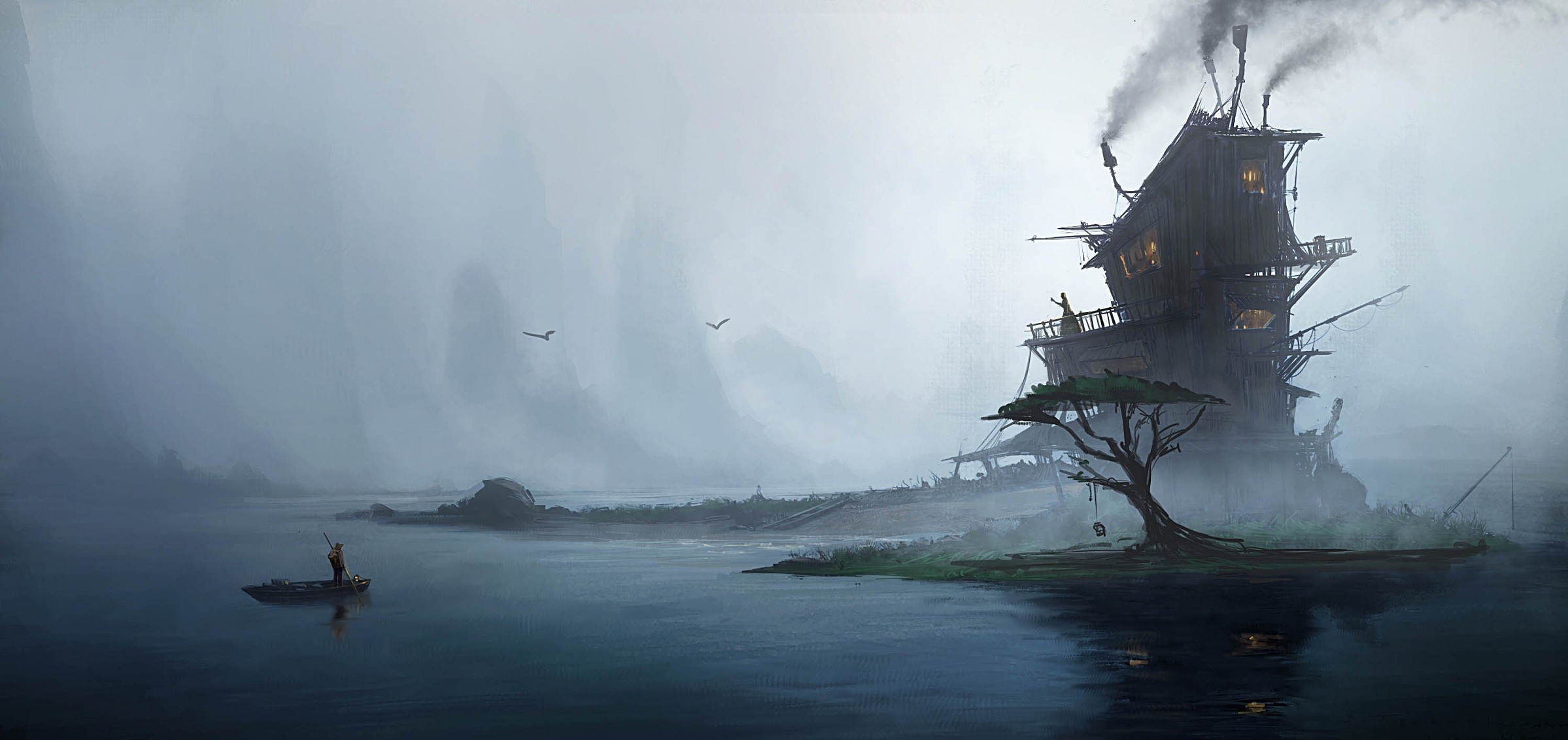 Fantasy art of a stilt house by the water HD Wallpaper