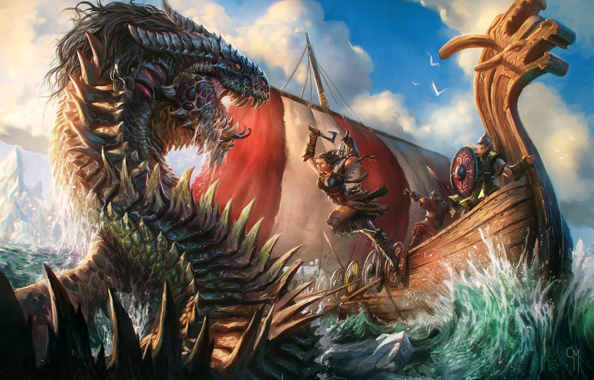 Dragon attacking a Viking ship with warriors HD Wallpaper