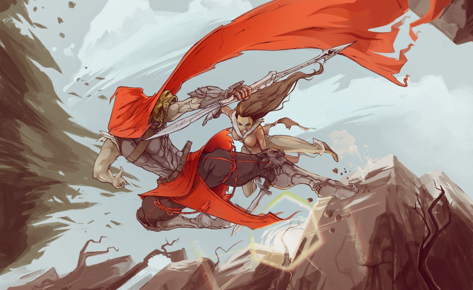 Two warriors in red cloaks fighting with swords HD Wallpaper