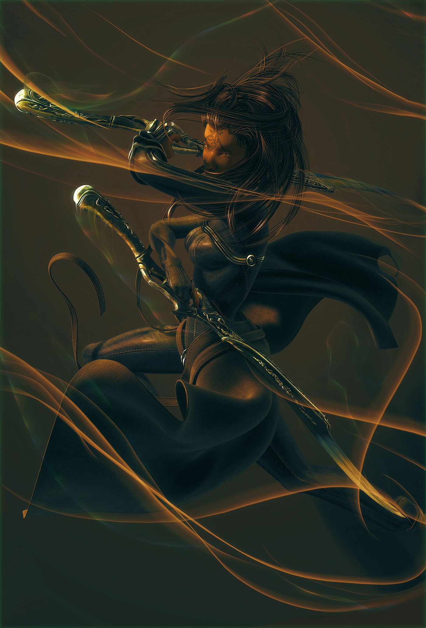 Dark warrior with swords in motion HD Wallpaper