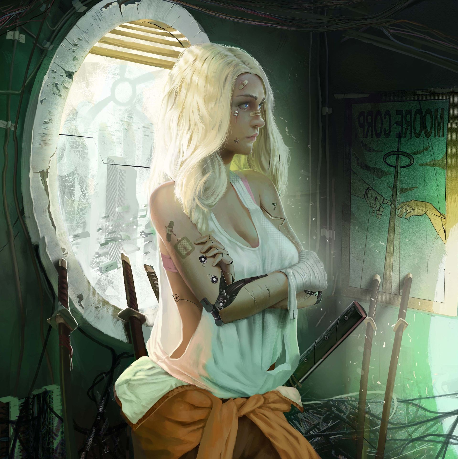 Blonde warrior with robotic arm and swords HD Wallpaper