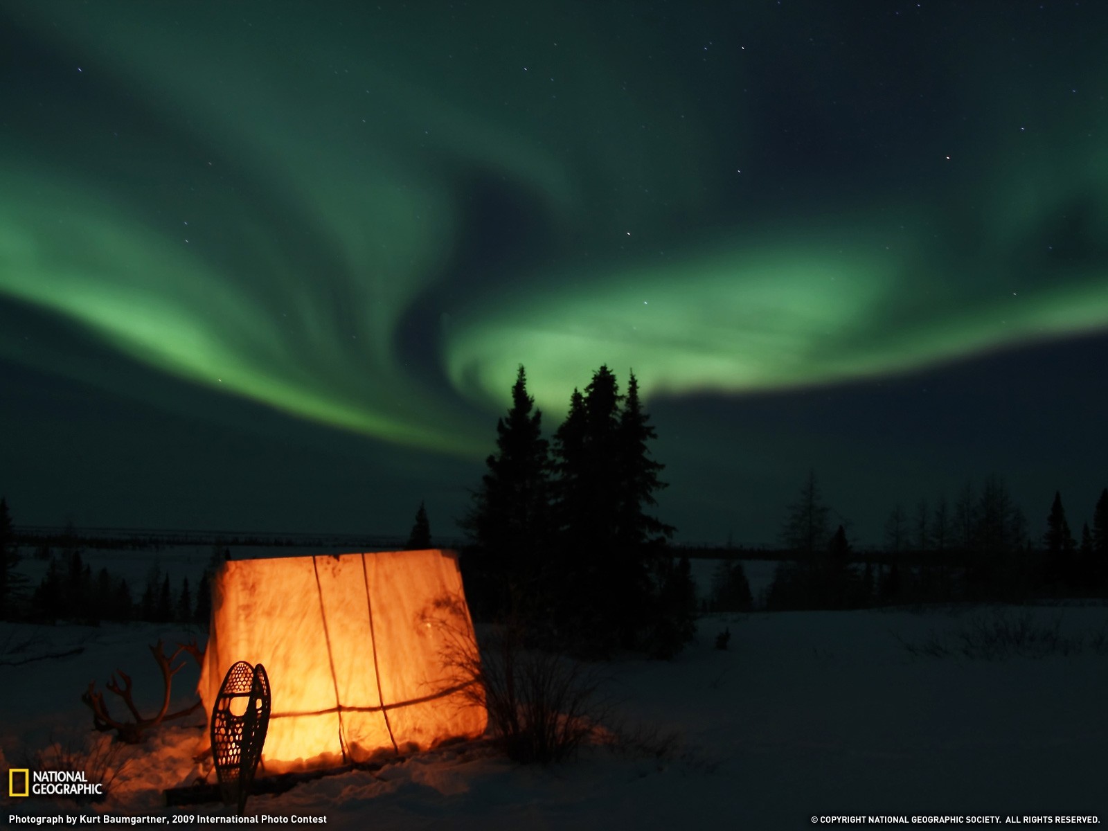 Aurora Borealis over a tent in the snow HD Wallpaper