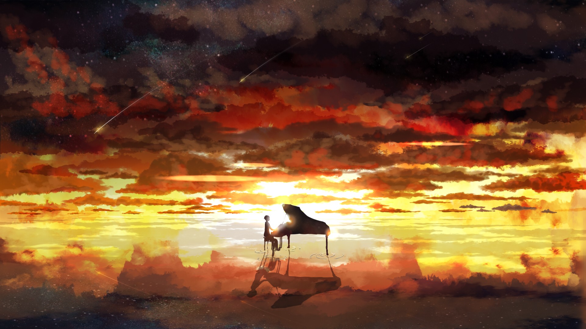 A person plays piano under a starry sky with shooting stars HD Wallpaper