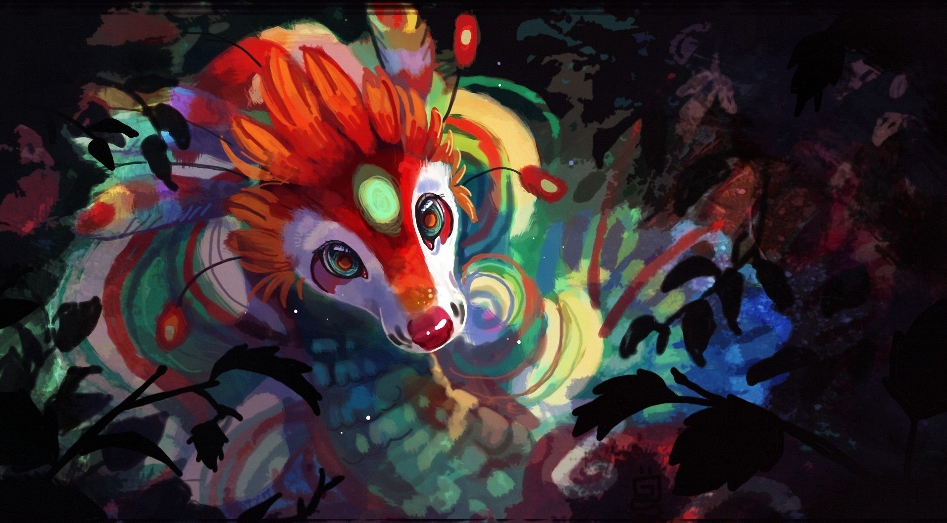 Colorful fantasy creature in a dark forest HD Wallpaper