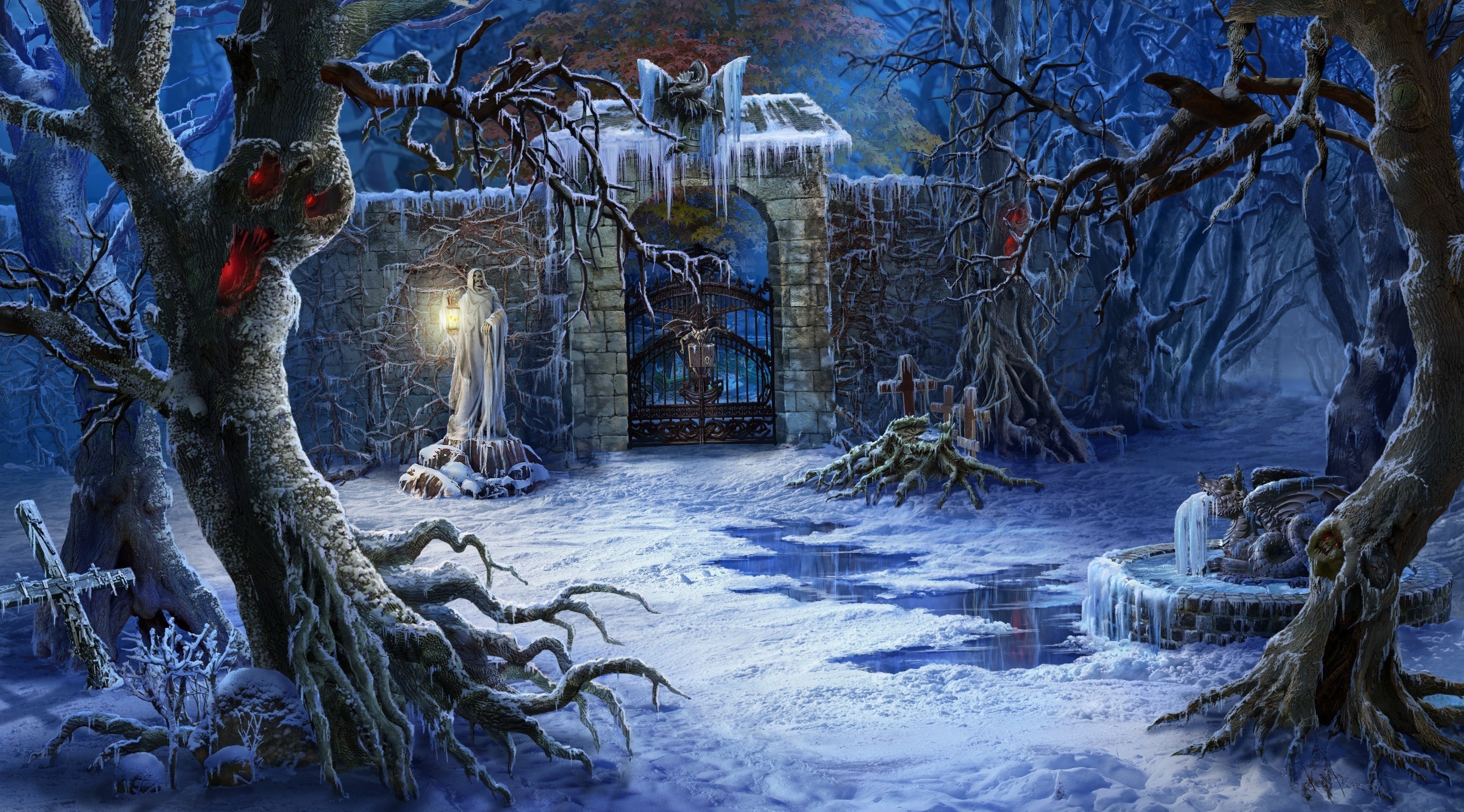 Fantasy art of a dark, snowy graveyard with a gate HD Wallpaper