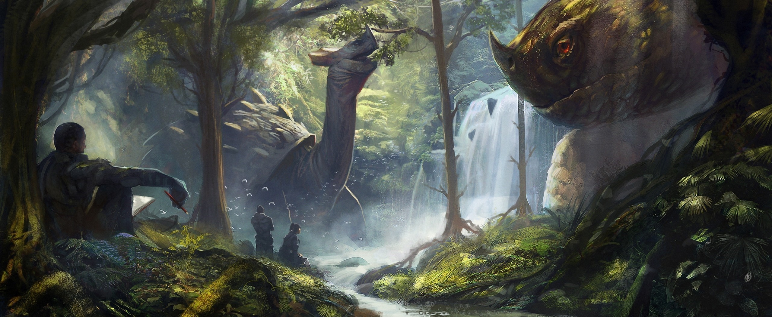 Fantasy art of dinosaurs and explorers in a jungle HD Wallpaper