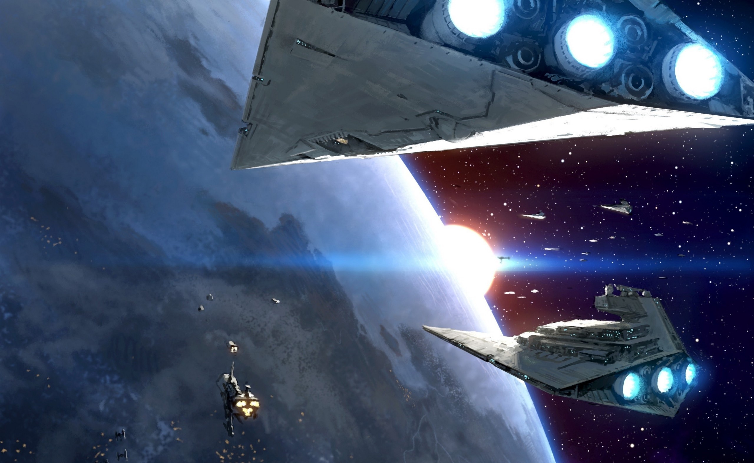Star Wars Star Destroyer fleet above a planet HD Wallpaper