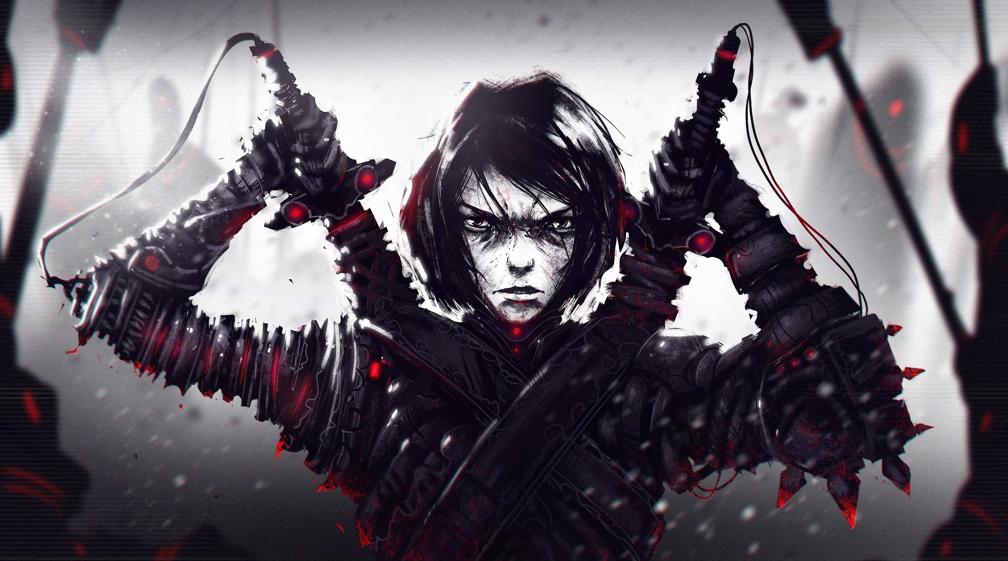 Fantasy warrior with mechanical arms and whips HD Wallpaper