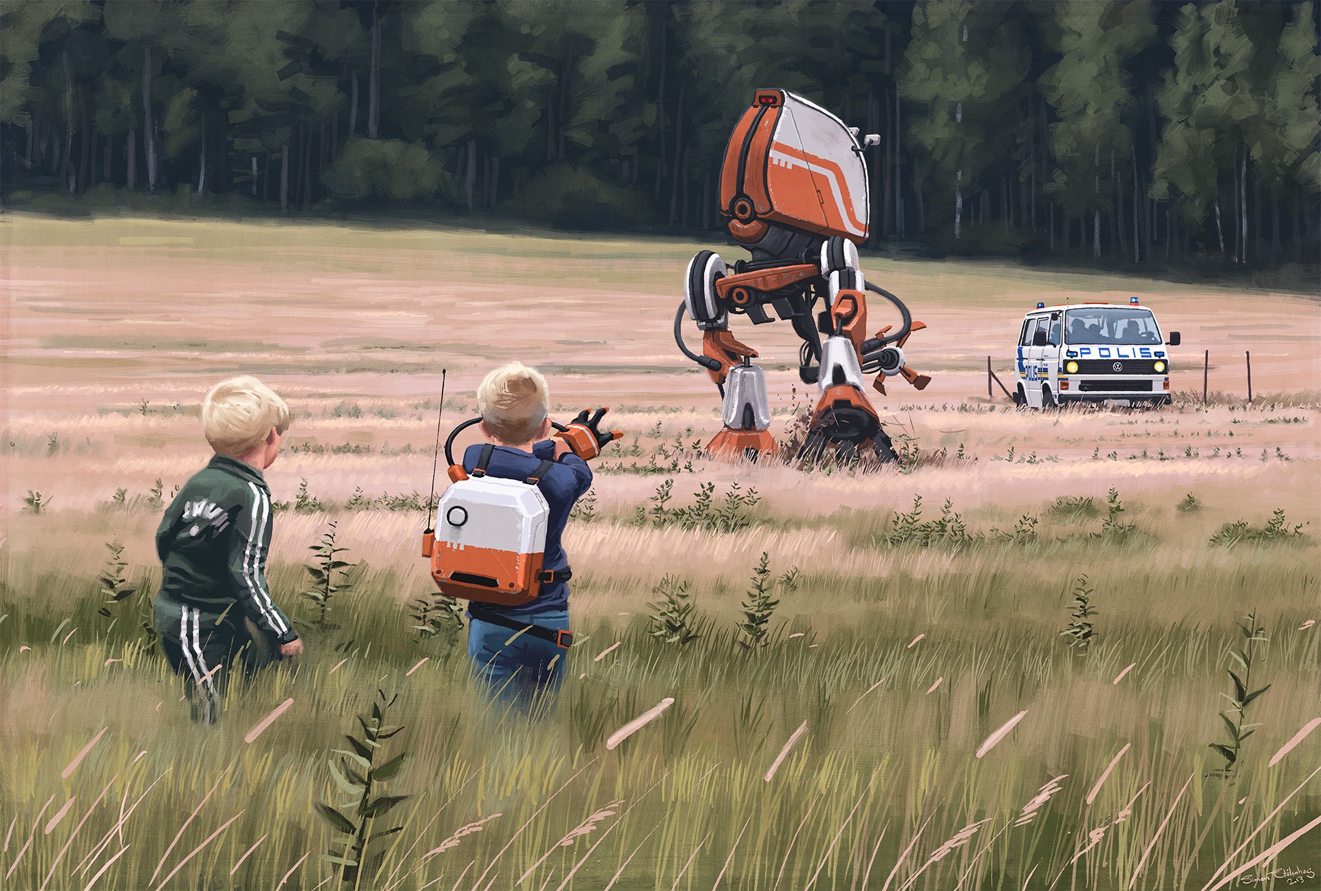 Children and a robot encounter a police van in a field HD Wallpaper