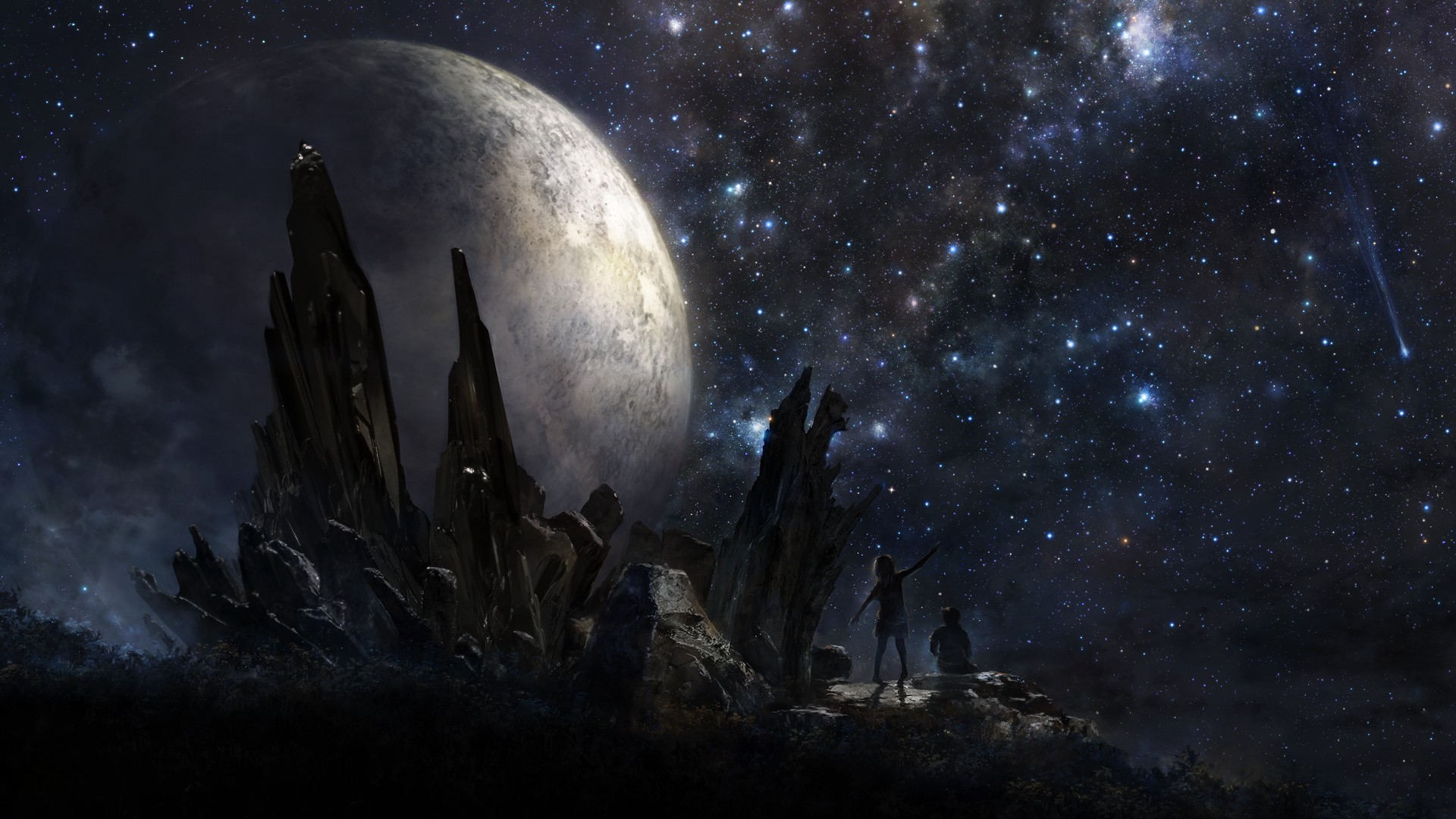 Fantasy art of a planet and stars HD Wallpaper