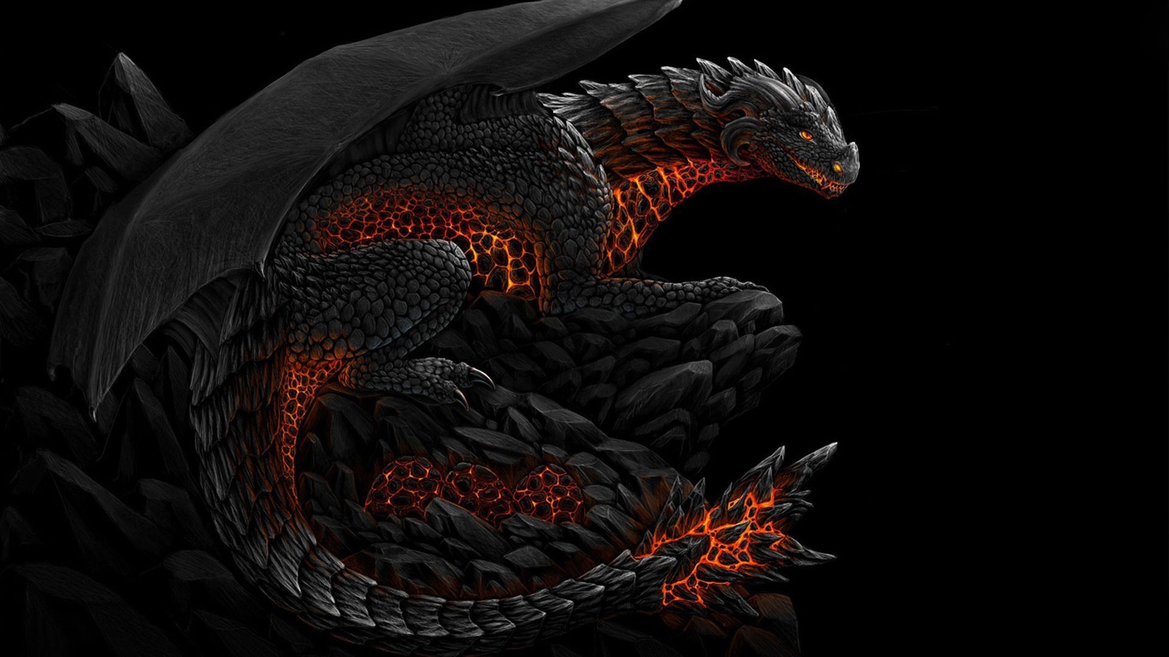 Black dragon with glowing orange cracks on rocks HD Wallpaper