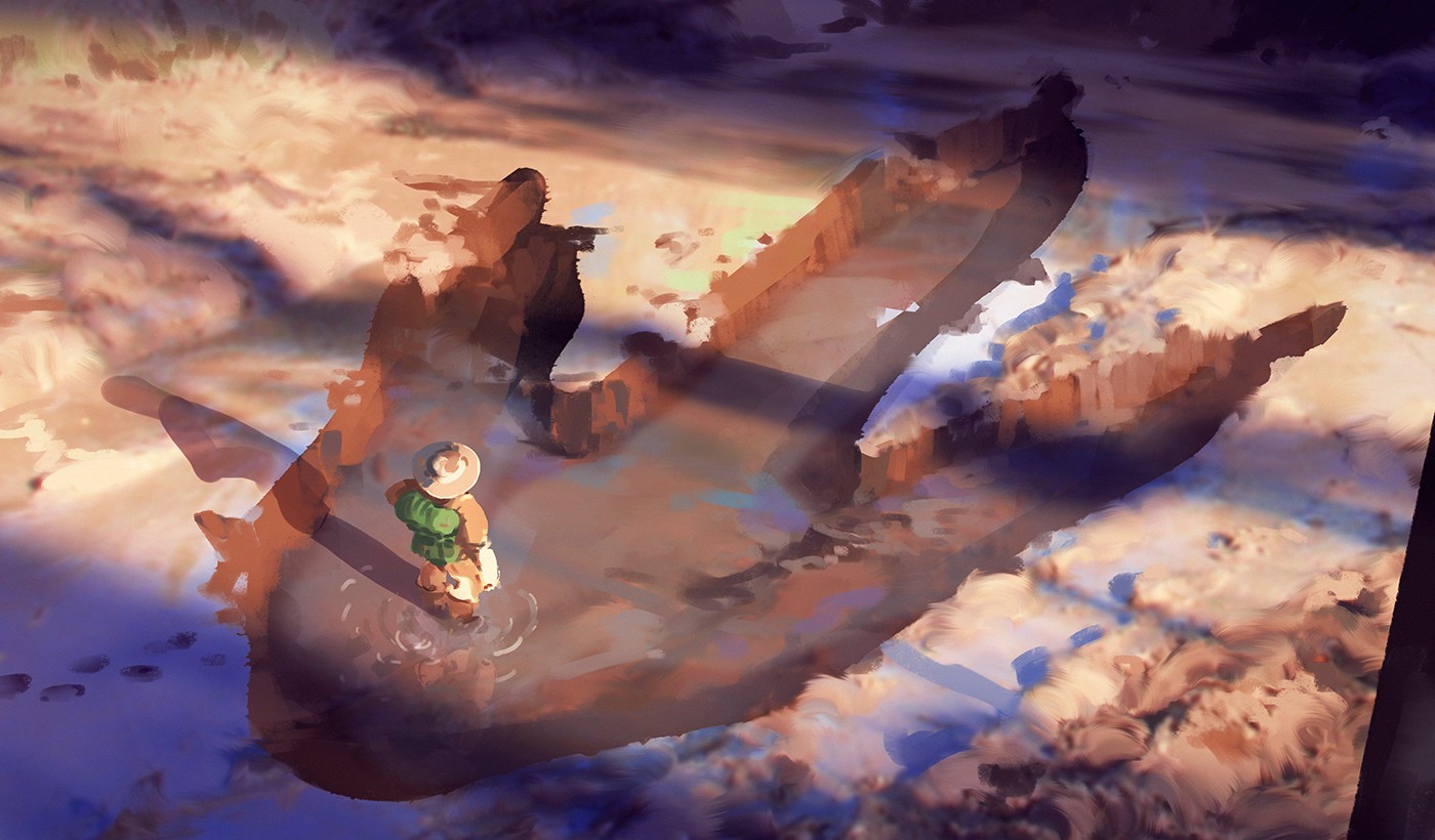 Artwork of footprints in a fantasy landscape HD Wallpaper