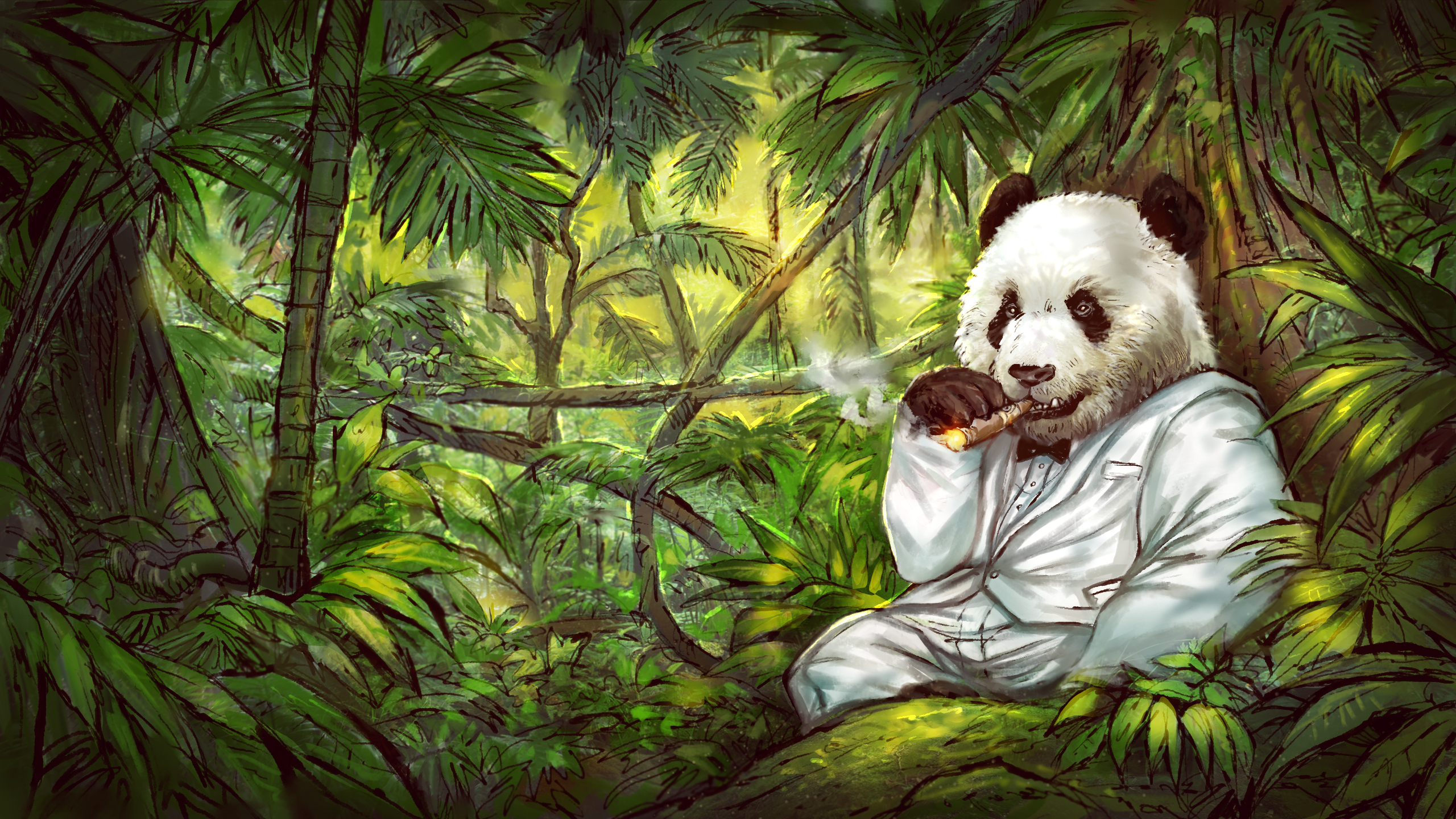 Panda in a tuxedo smoking a cigar in the jungle HD Wallpaper