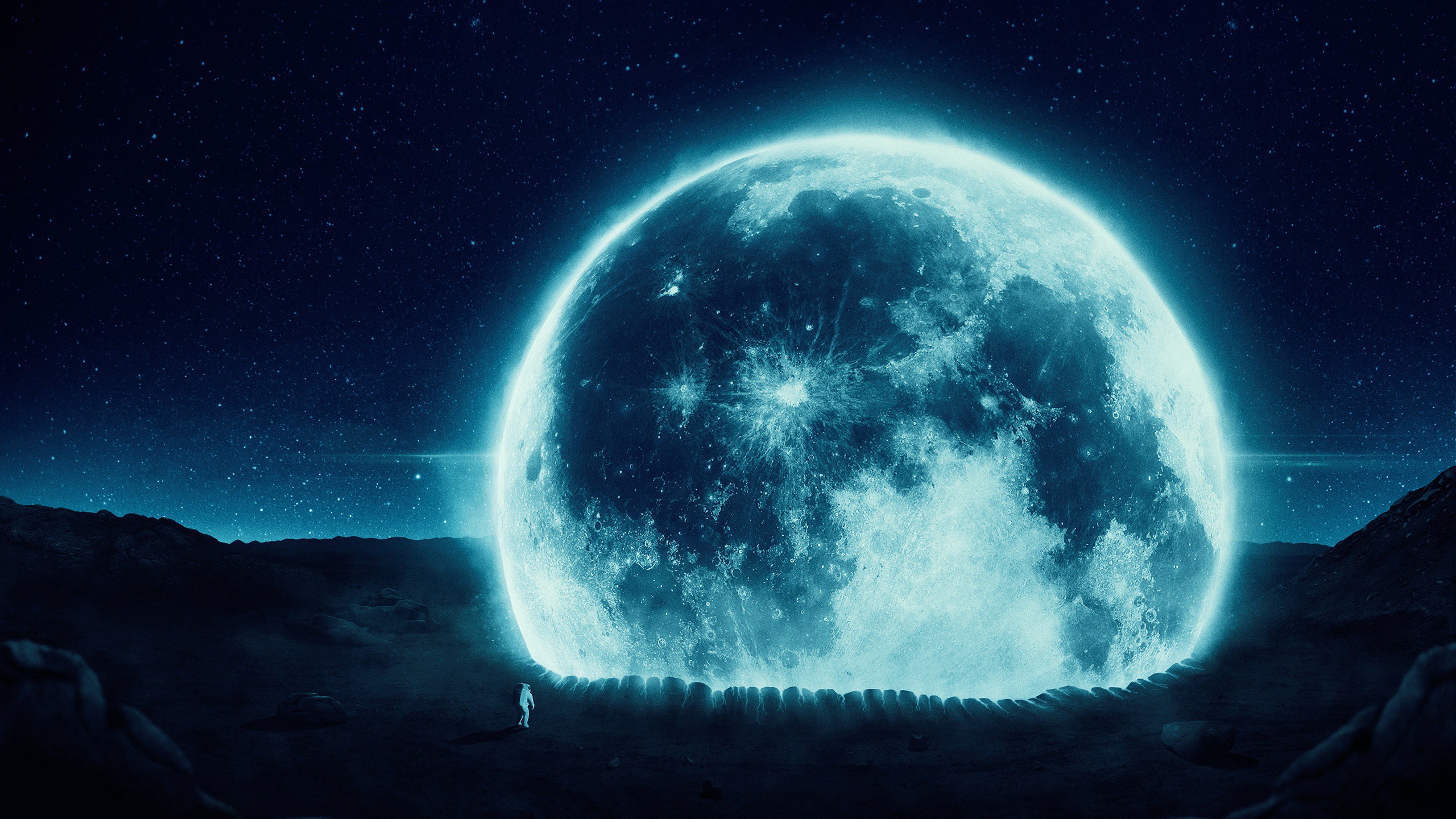 Astronaut stands before a giant glowing moon in space HD Wallpaper