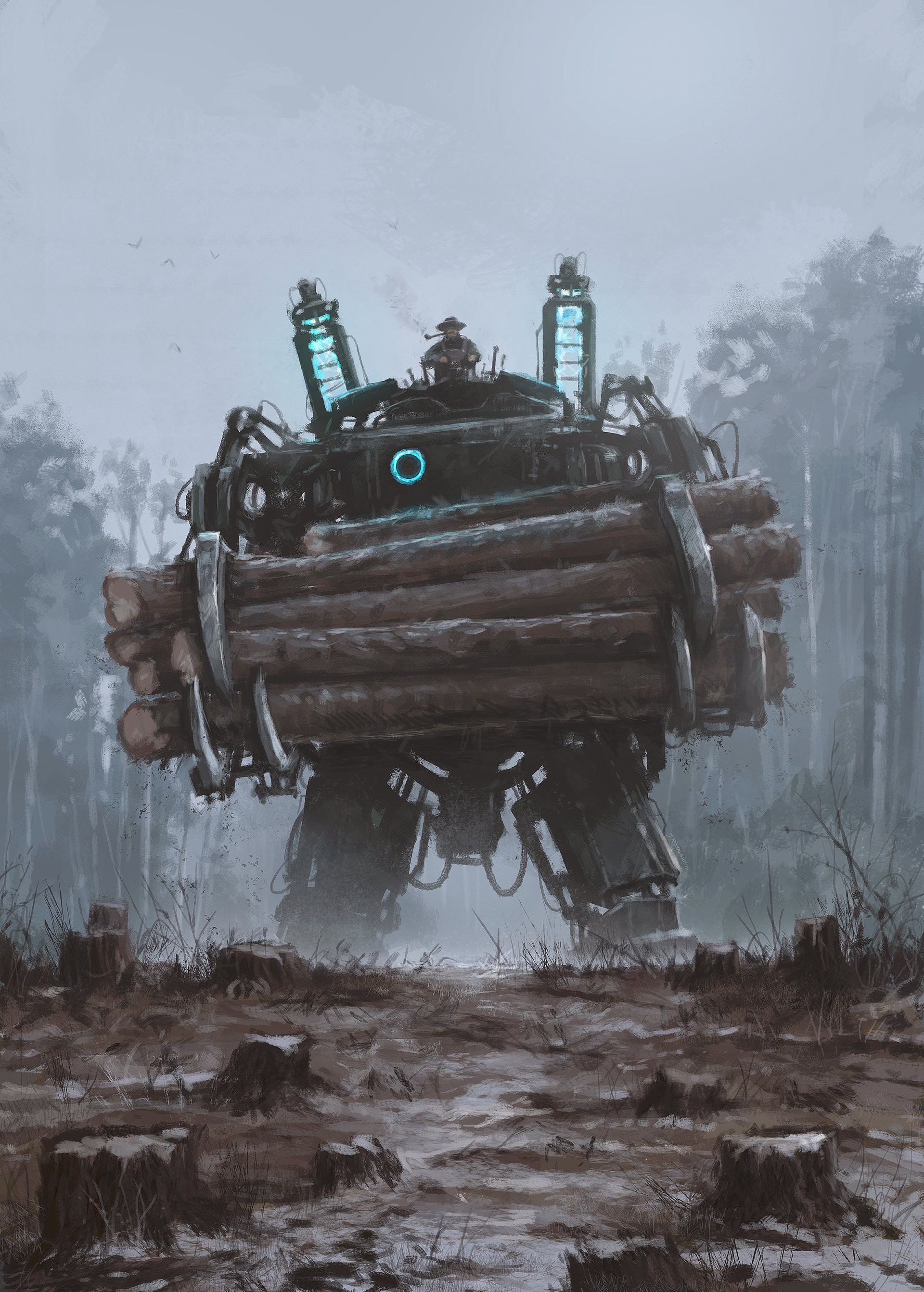 Jakub Różalski's mech carrying logs in a forest HD Wallpaper