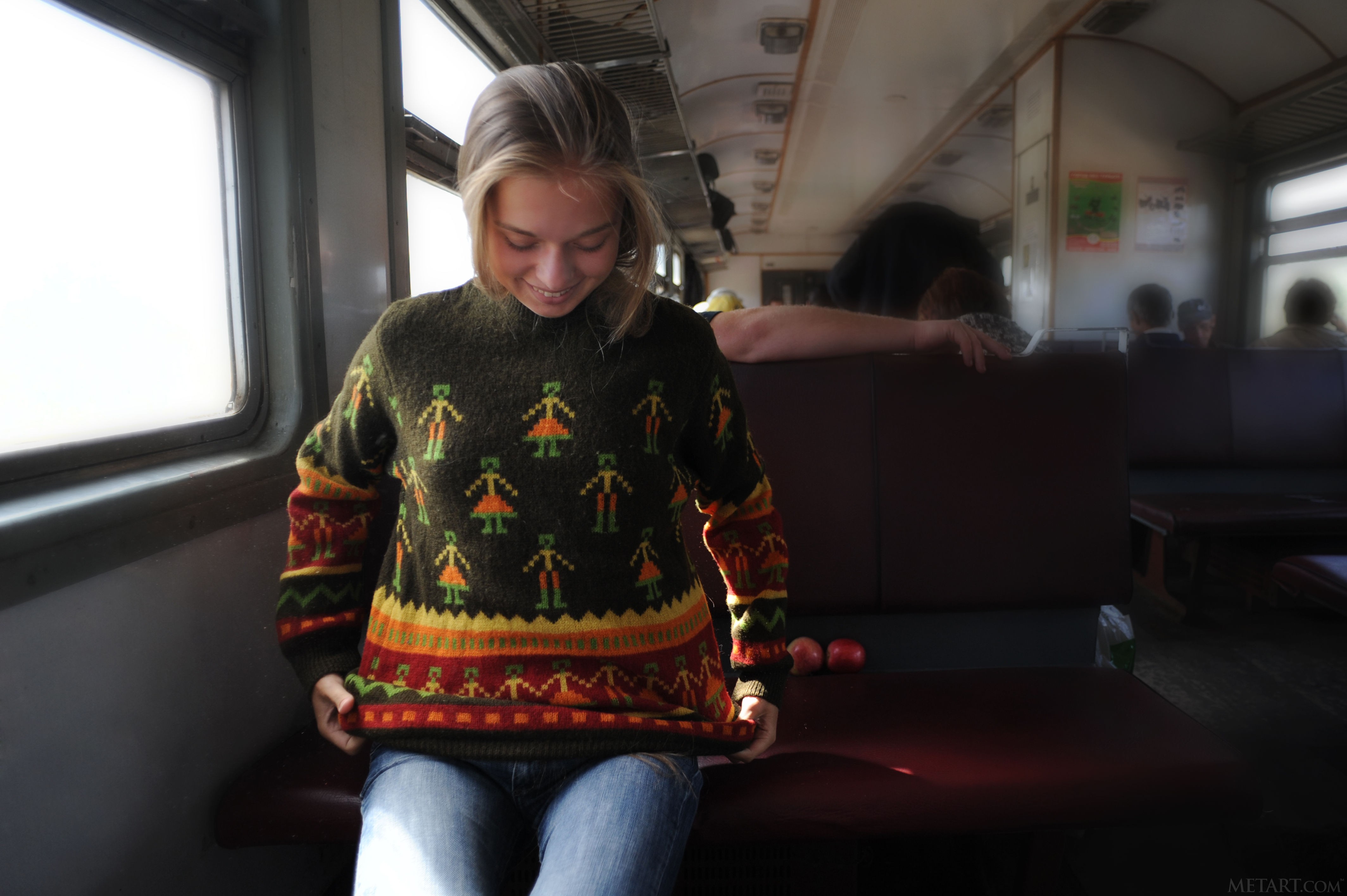 MetArt Magazine, jeans, sweater, train, Milena D, blonde HD Wallpaper