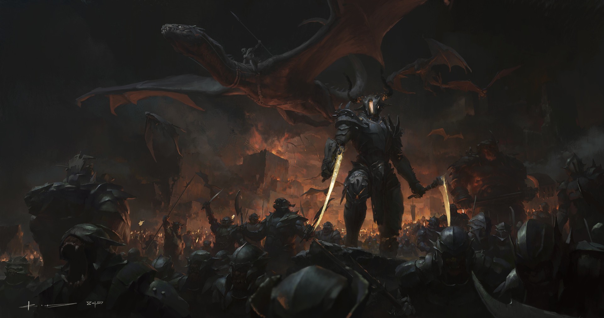 Fantasy battle with dragons and armored warriors HD Wallpaper