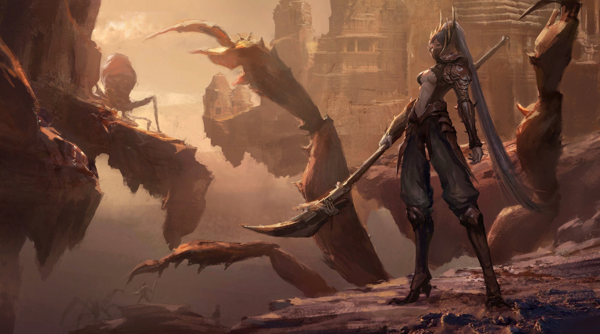 Fantasy art of a warrior and giant scorpions HD Wallpaper