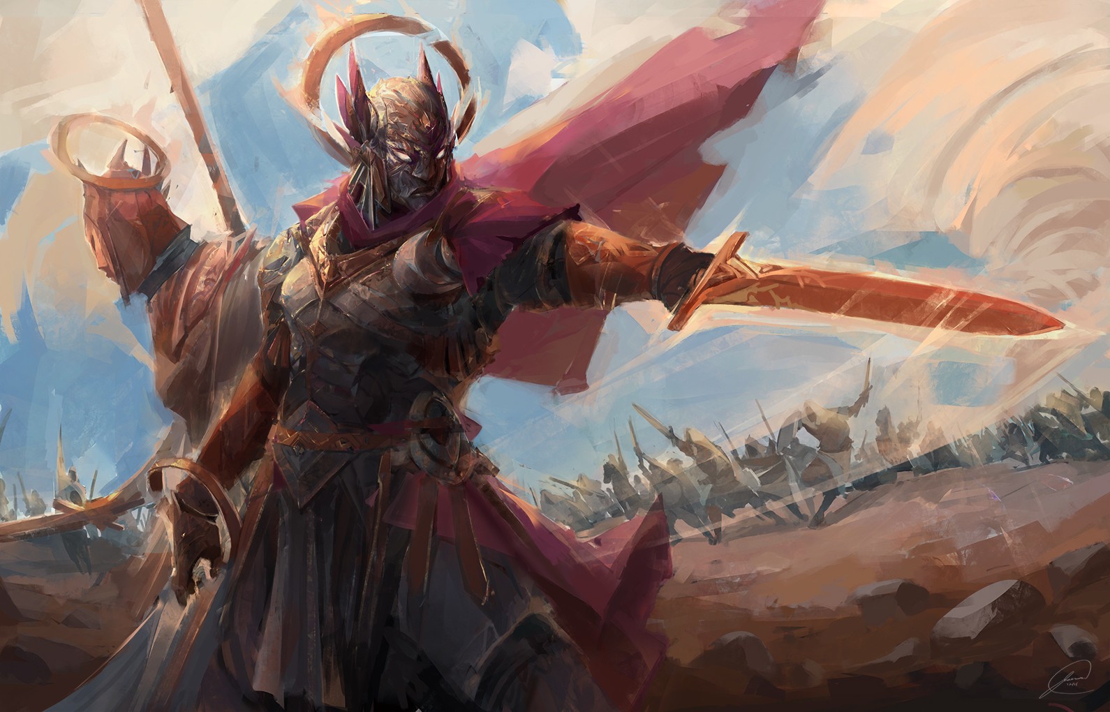 Fantasy warrior with sword and army in background HD Wallpaper