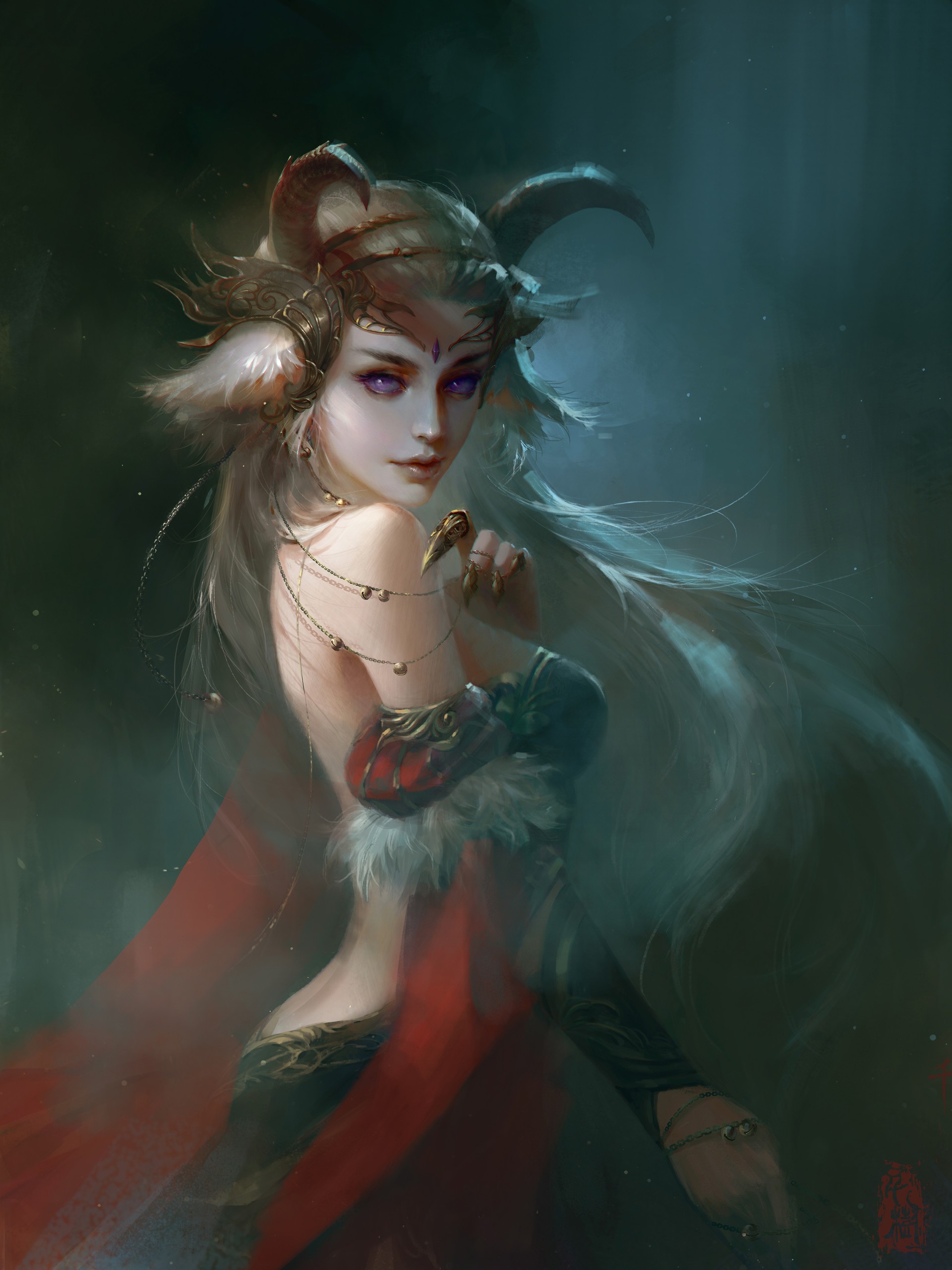 Fantasy art of a woman with horns and purple eyes HD Wallpaper