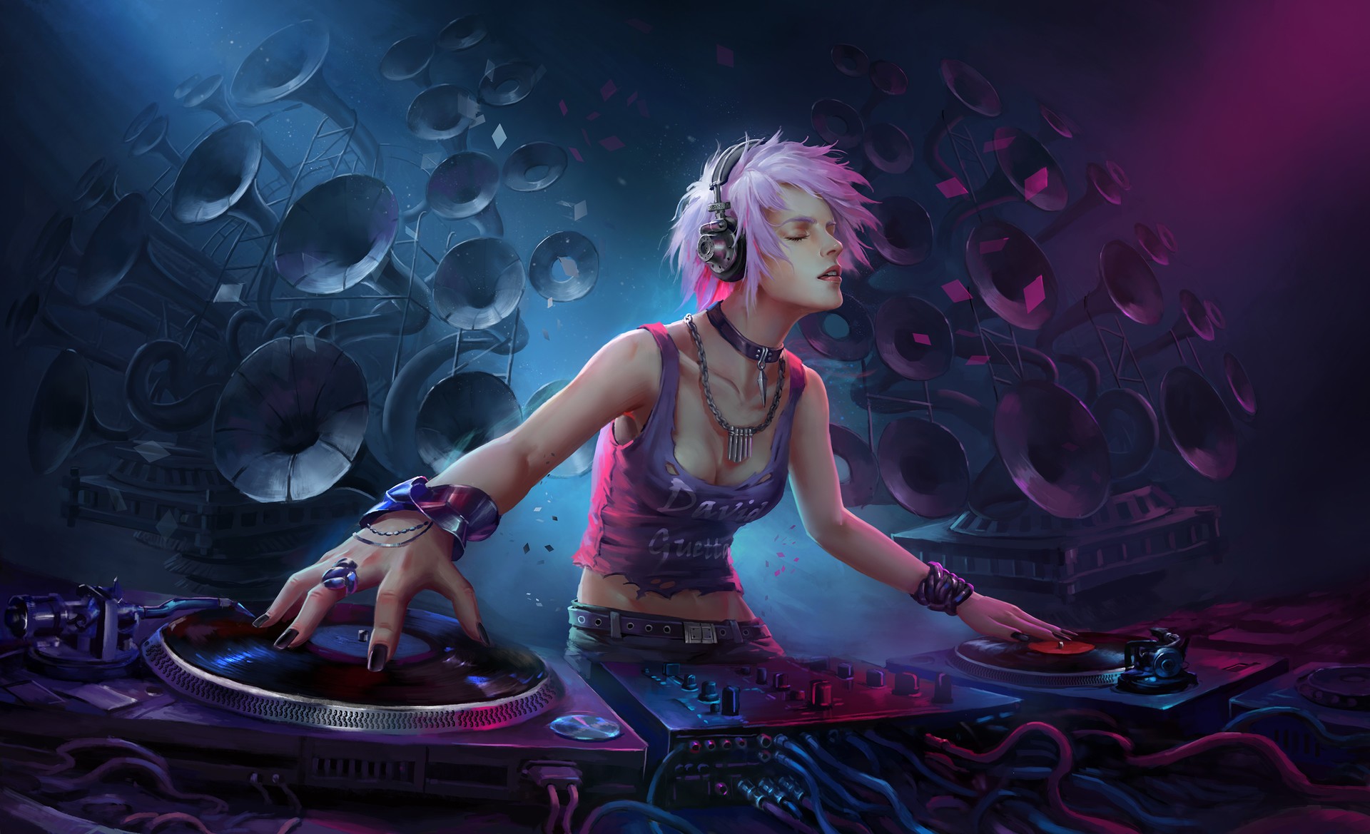 Fantasy DJ with Pink Hair and Headphones HD Wallpaper