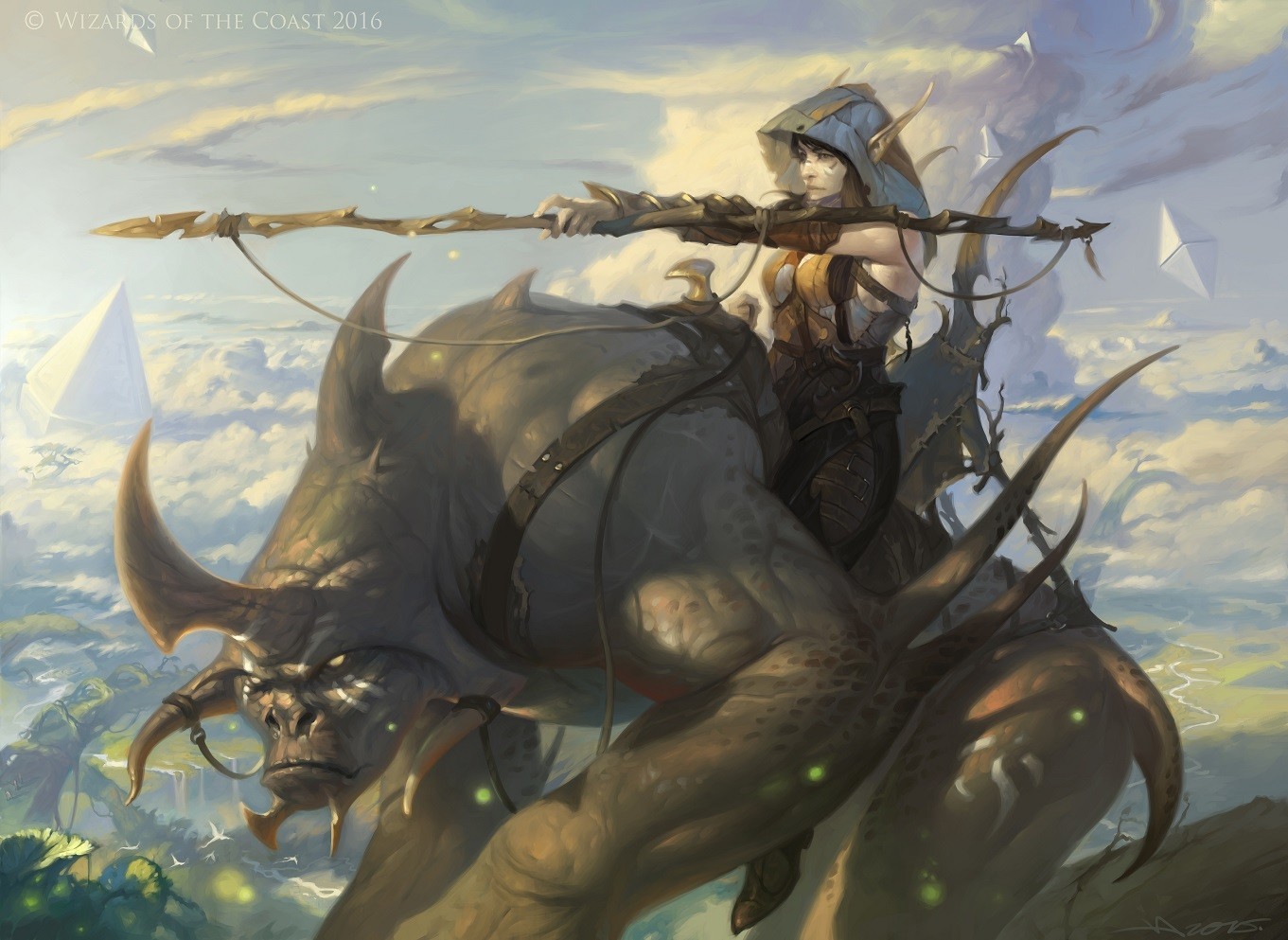 Elf riding a large beast with a spear HD Wallpaper