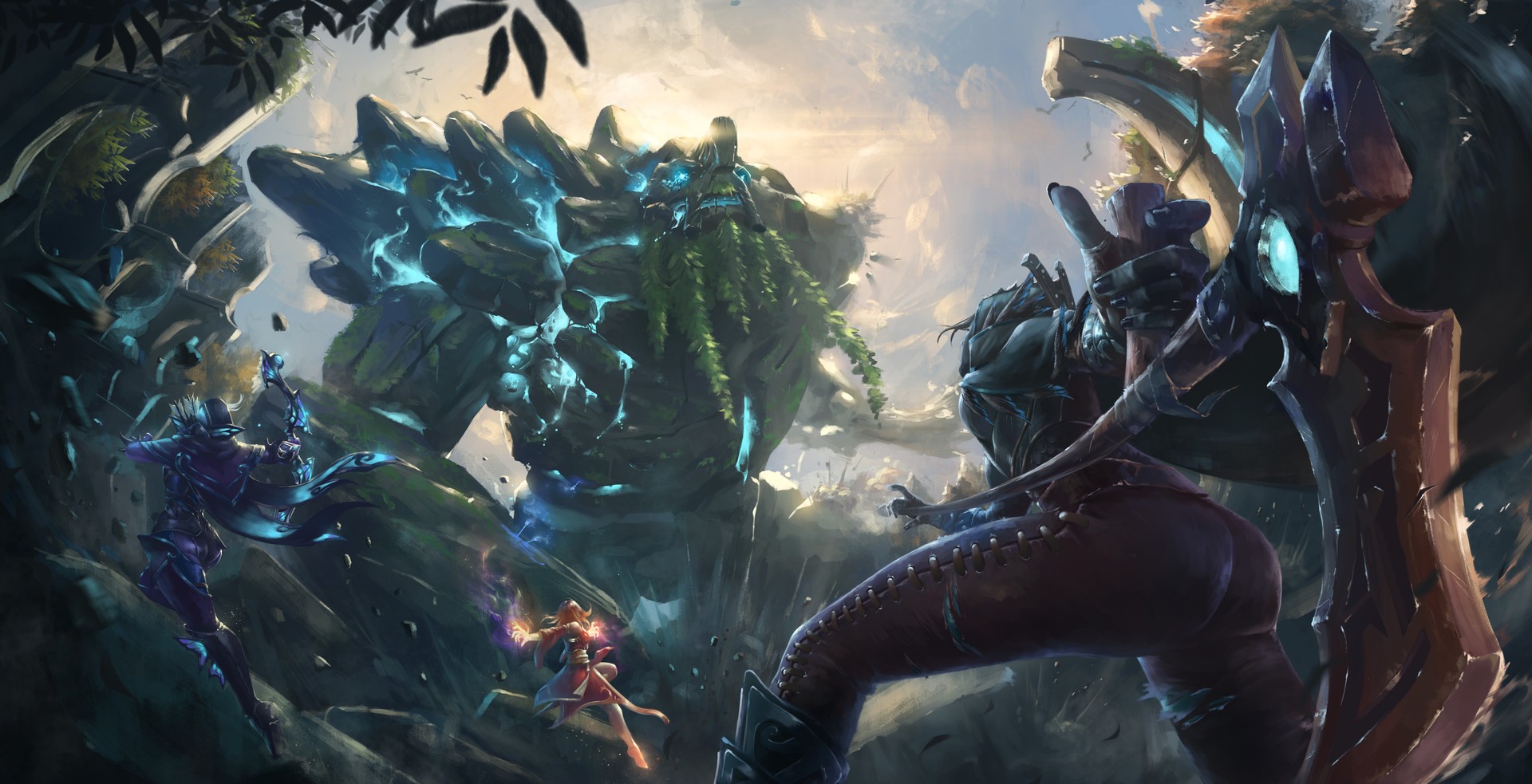 League of Legends characters fighting a giant stone golem HD Wallpaper