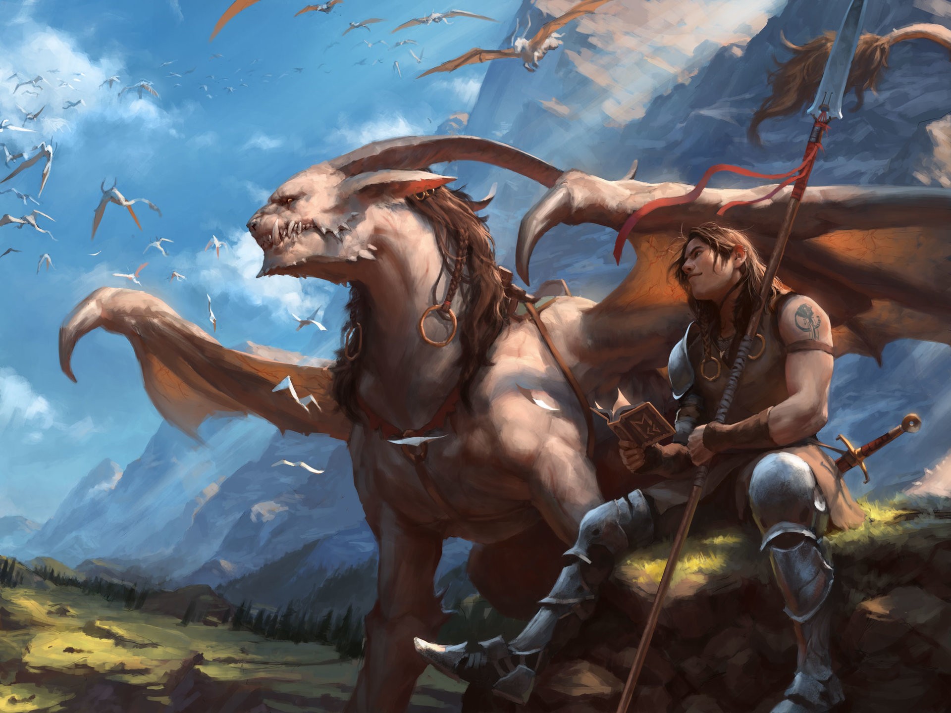 Fantasy art of a man and a dragon HD Wallpaper