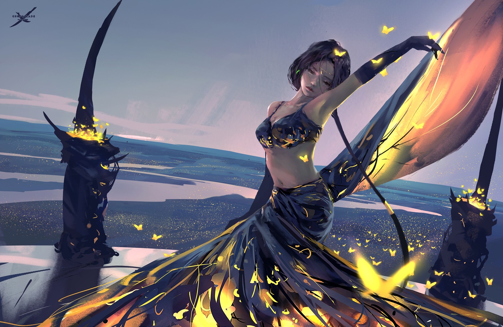 Woman in dark dress with butterflies by WLOP HD Wallpaper