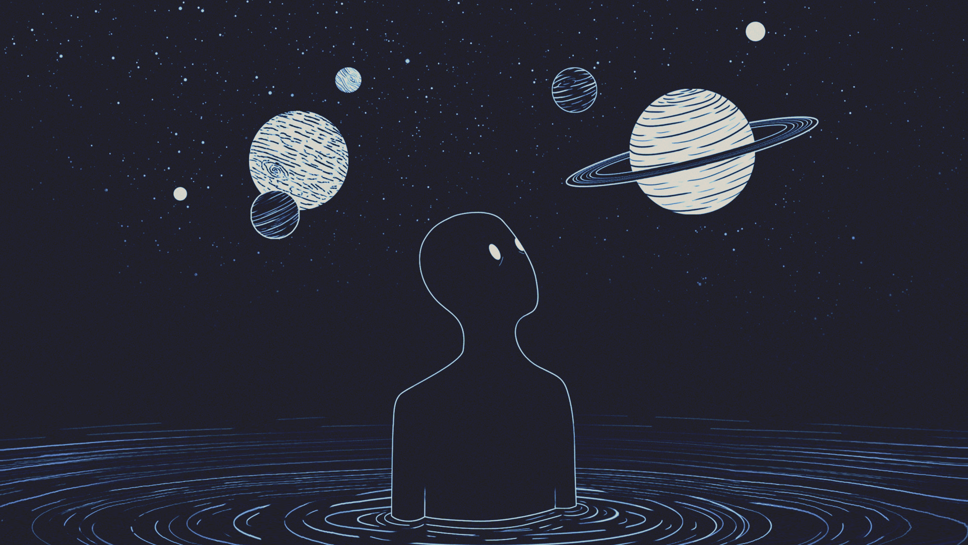 A figure in water looks up at planets in space HD Wallpaper