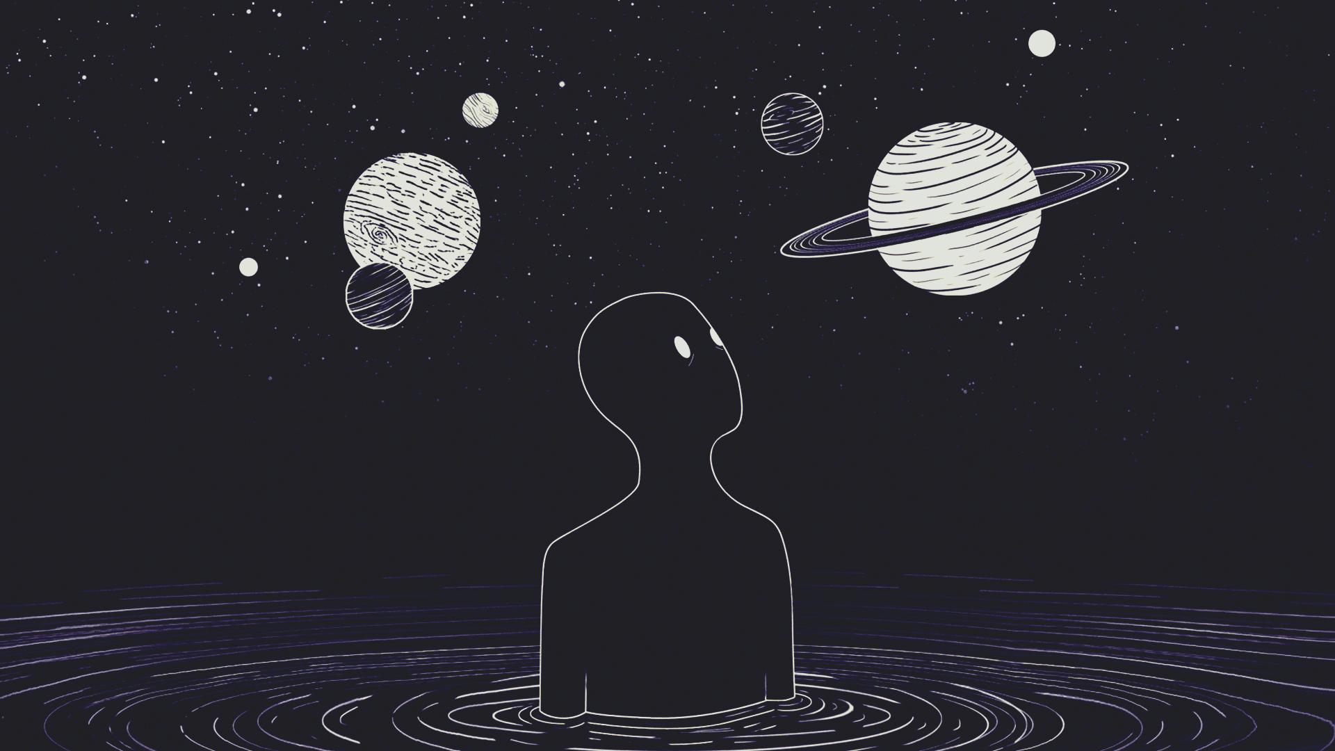 A silhouette figure looks up at planets in space HD Wallpaper