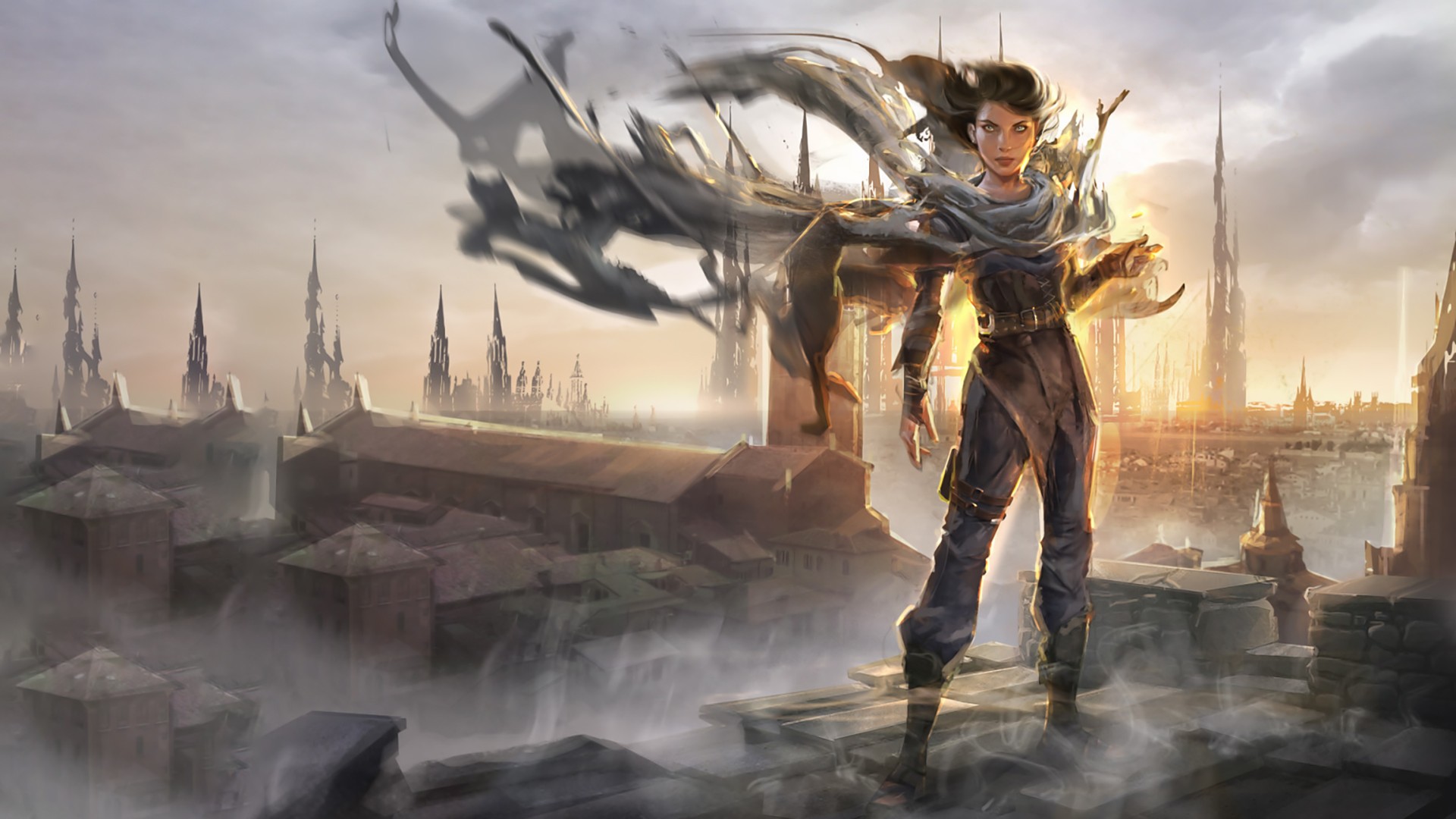 Fantasy art of a woman with flowing scarf in a city HD Wallpaper