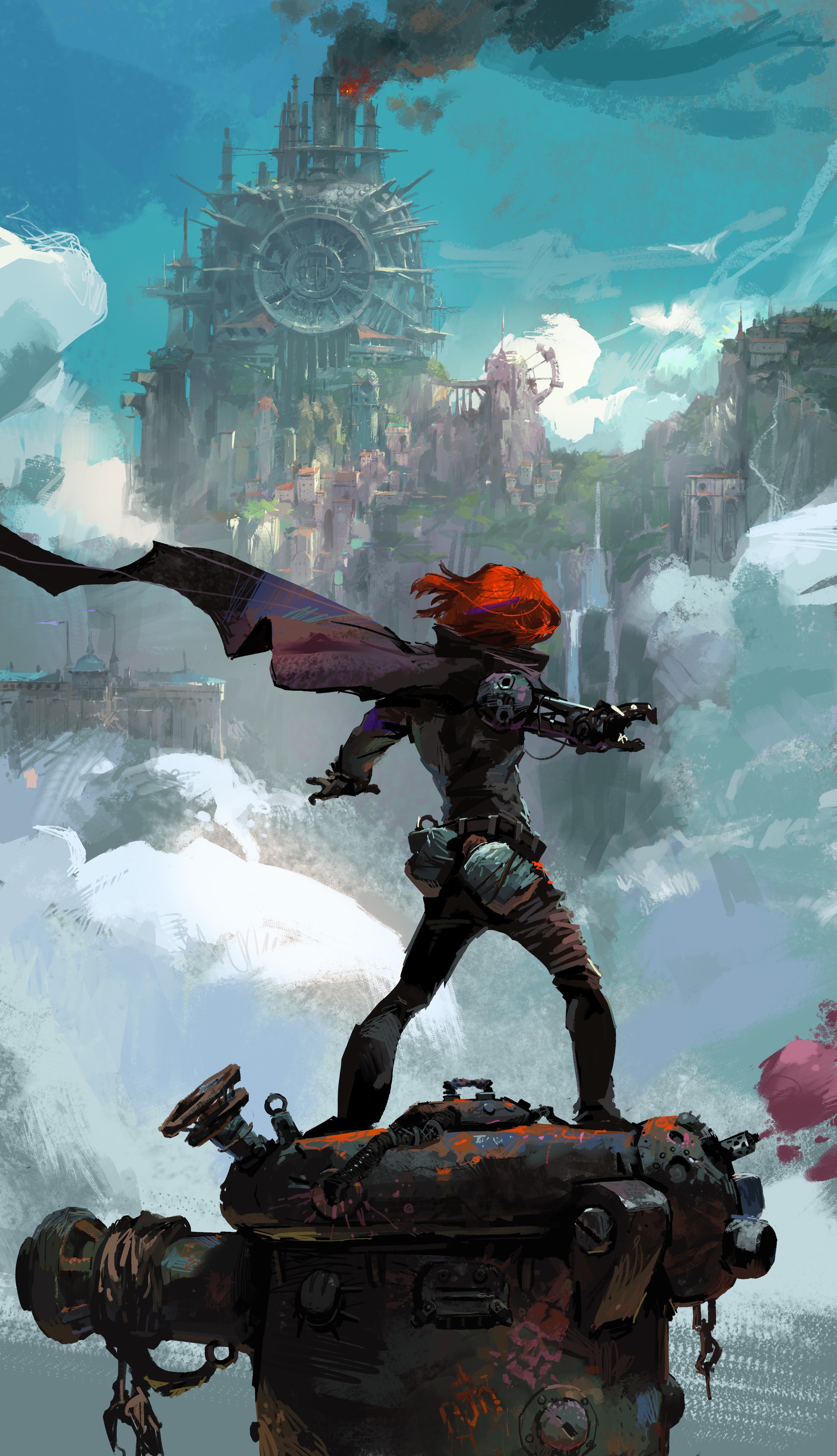 Fantasy art of a woman with red hair and a steampunk city HD Wallpaper