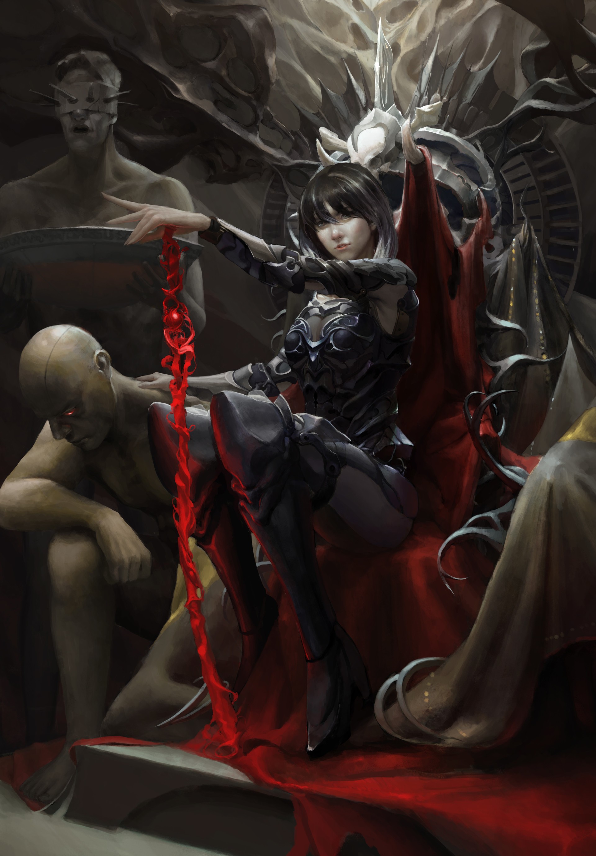 Dark fantasy queen with red thread and statues HD Wallpaper