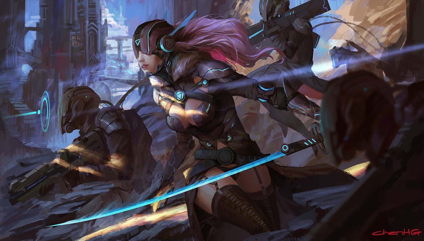 Cyberpunk warriors with swords and guns in a futuristic city HD Wallpaper