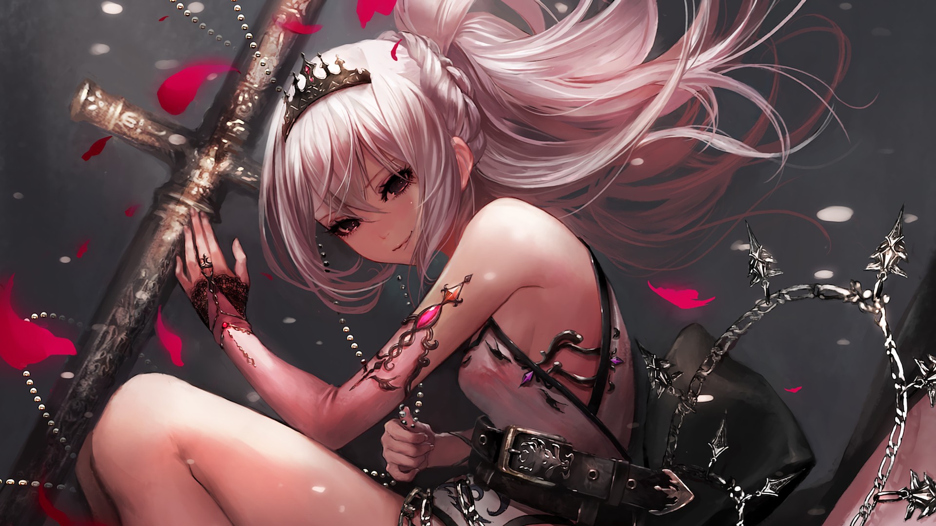 Anime girl with white hair and crown near a cross HD Wallpaper