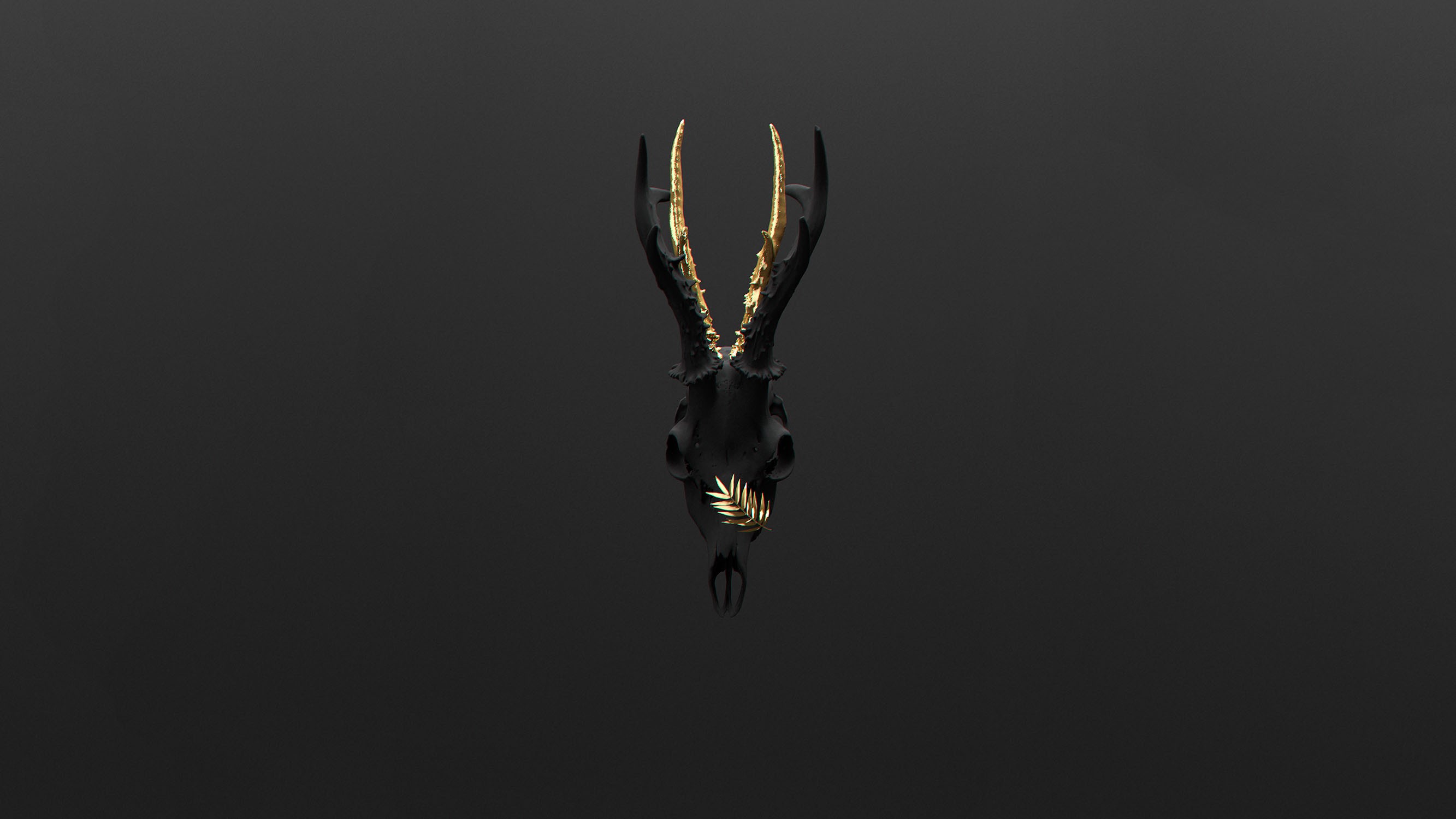 Black deer skull with gold antlers and leaf HD Wallpaper