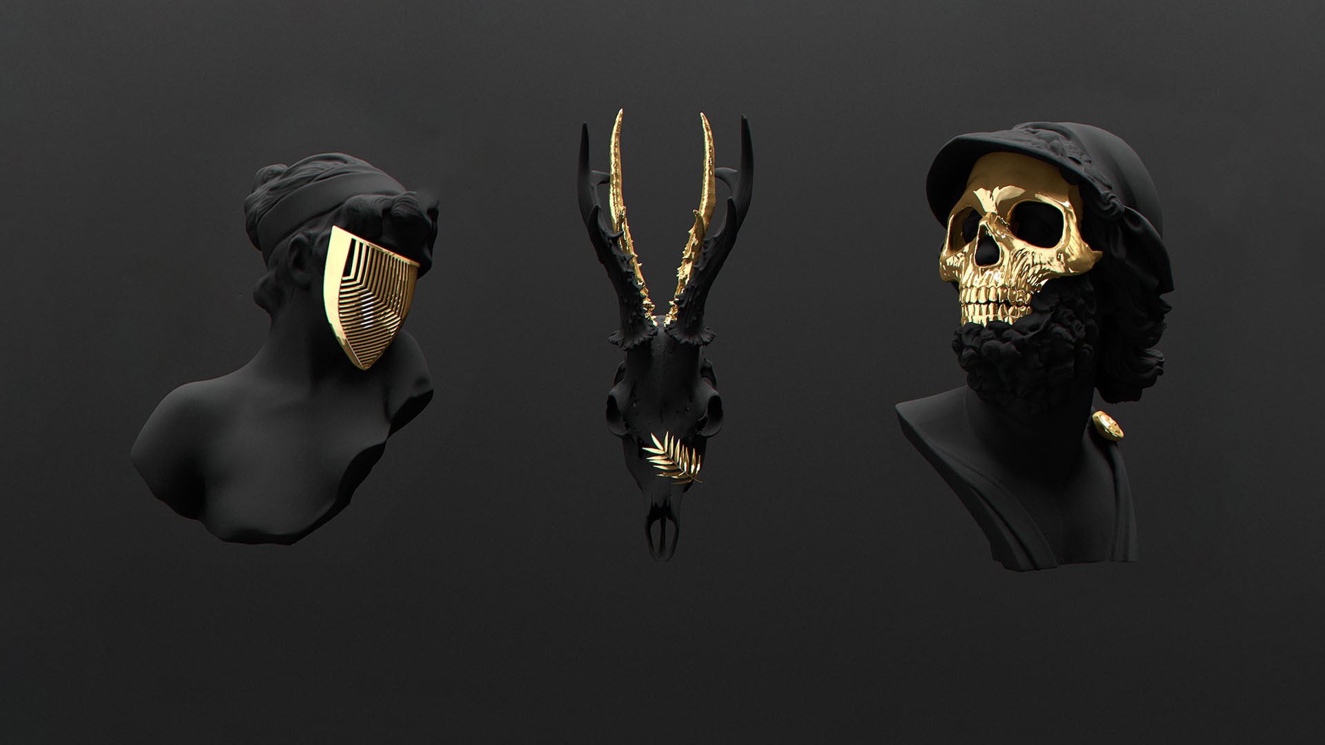 Black busts and deer skull with gold accents HD Wallpaper