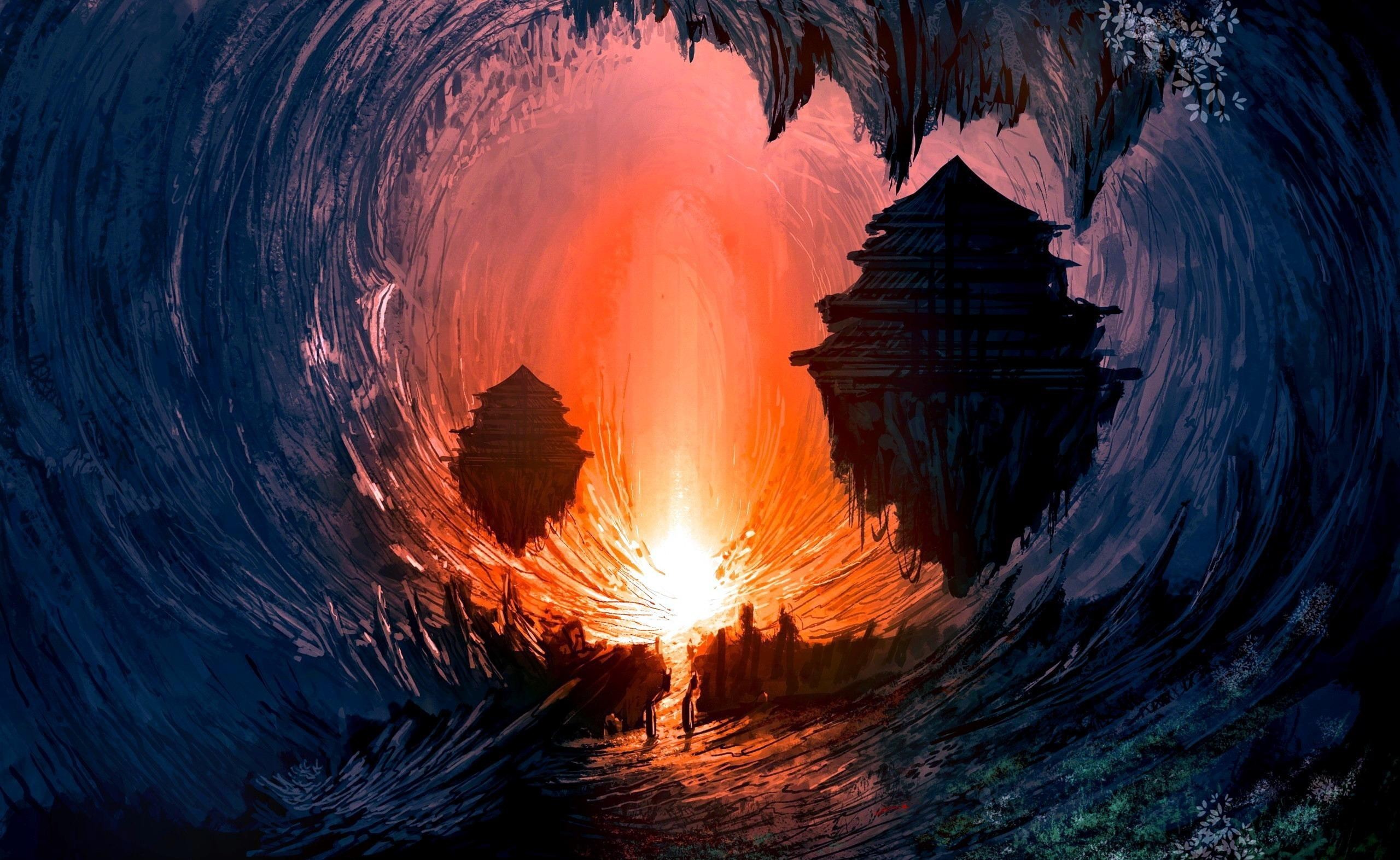Fantasy art of floating islands with pagodas at sunset HD Wallpaper
