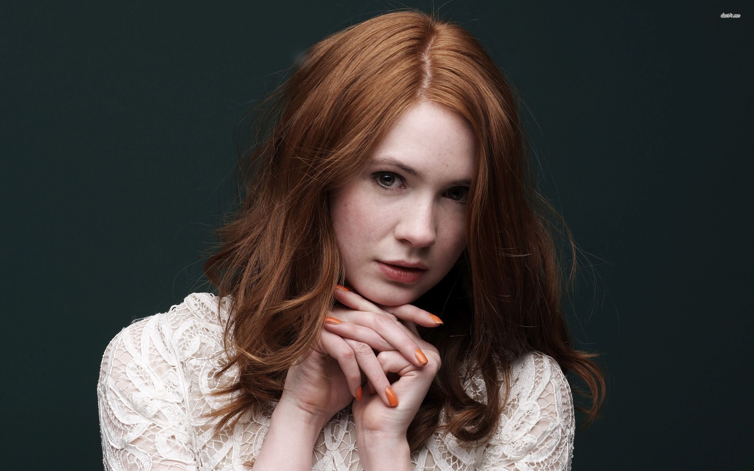 Karen Gillan with red hair and white lace top HD Wallpaper