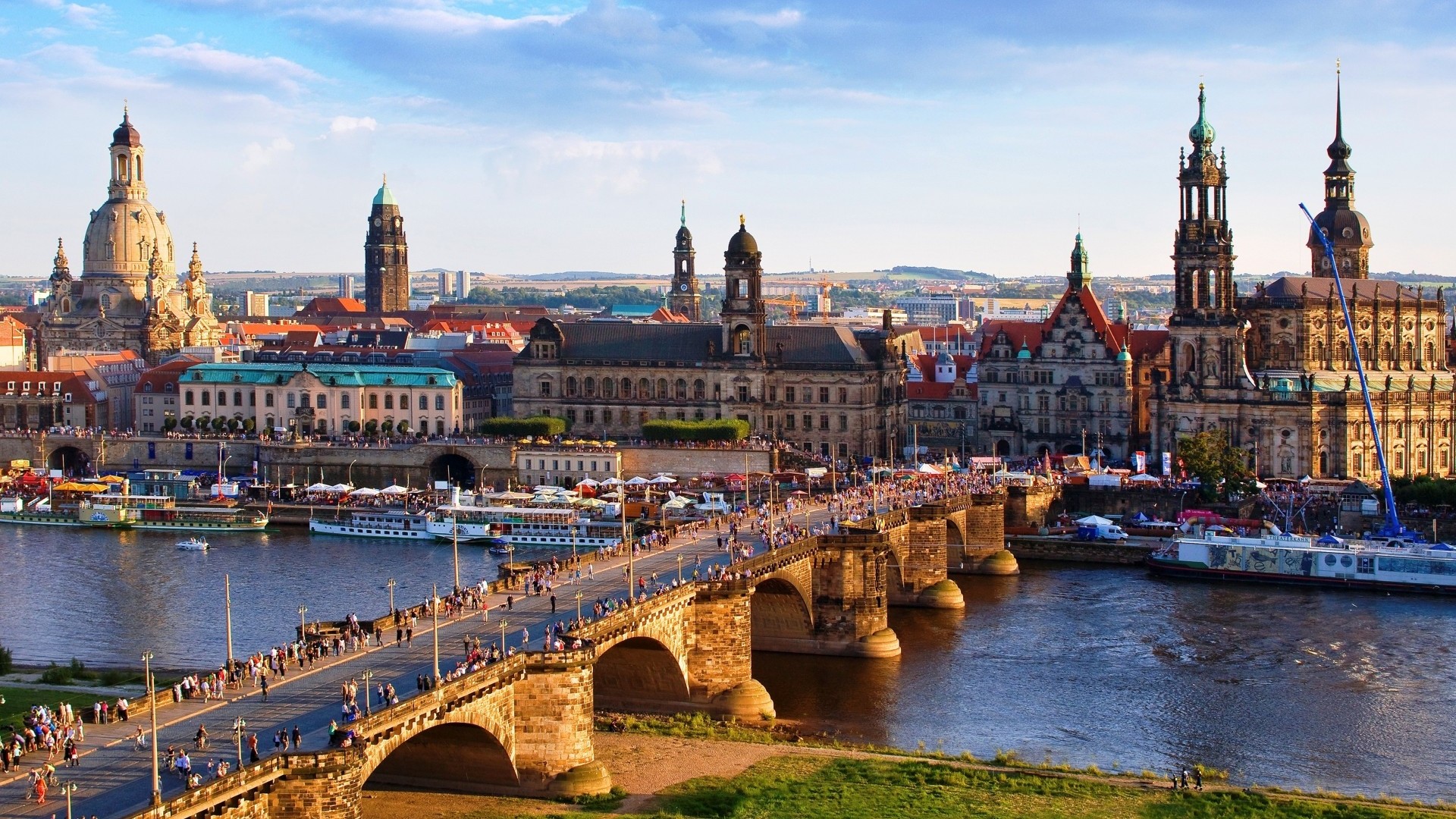 Dresden cityscape with Frauenkirche and Augustus Bridge over the Elbe River HD Wallpaper