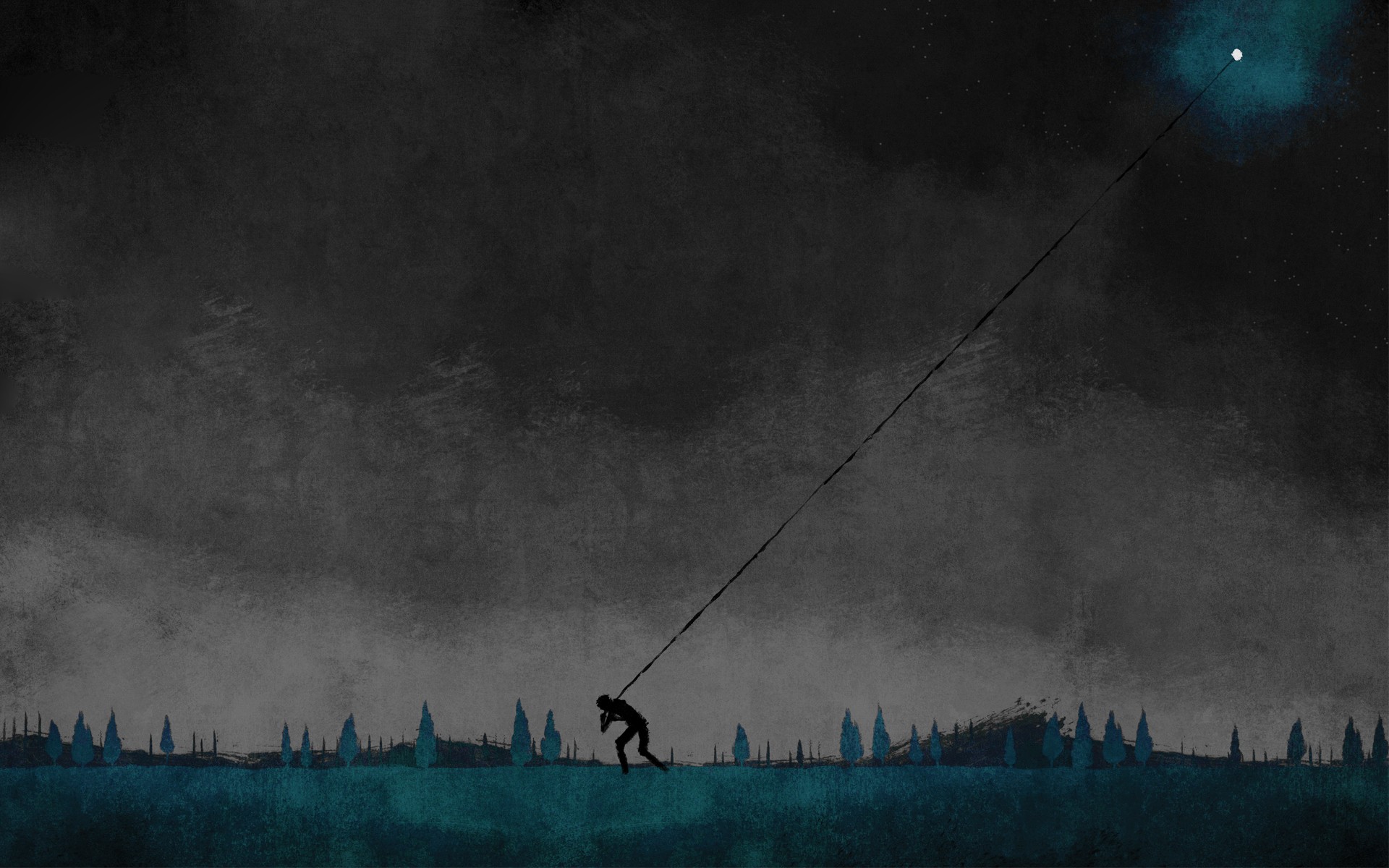 Silhouette pulling a rope towards a bright light in the sky HD Wallpaper