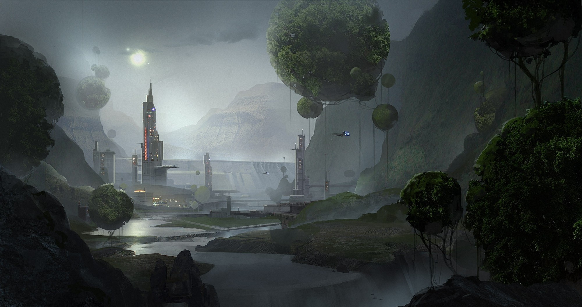 Futuristic city with floating islands and mountains HD Wallpaper