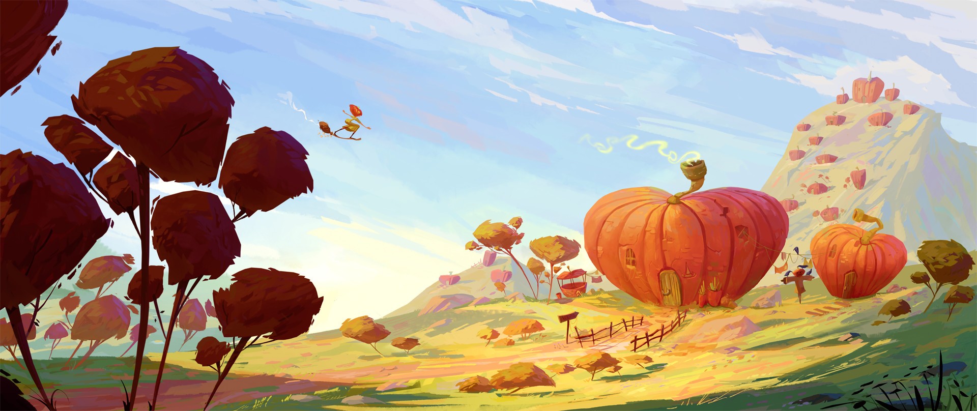Fantasy art of a pumpkin village with flying figures HD Wallpaper